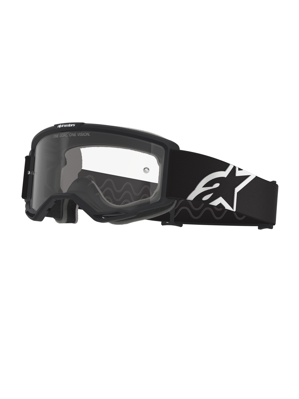 Masque Alpinestars Vision OTG, masque de motocross, noir et gris avec écran clair, large sangle tissée noire avec logo Alpinestars blanc, monture à volume profond conçue pour les lunettes de vue, protection oculaire pour la conduite tout-terrain