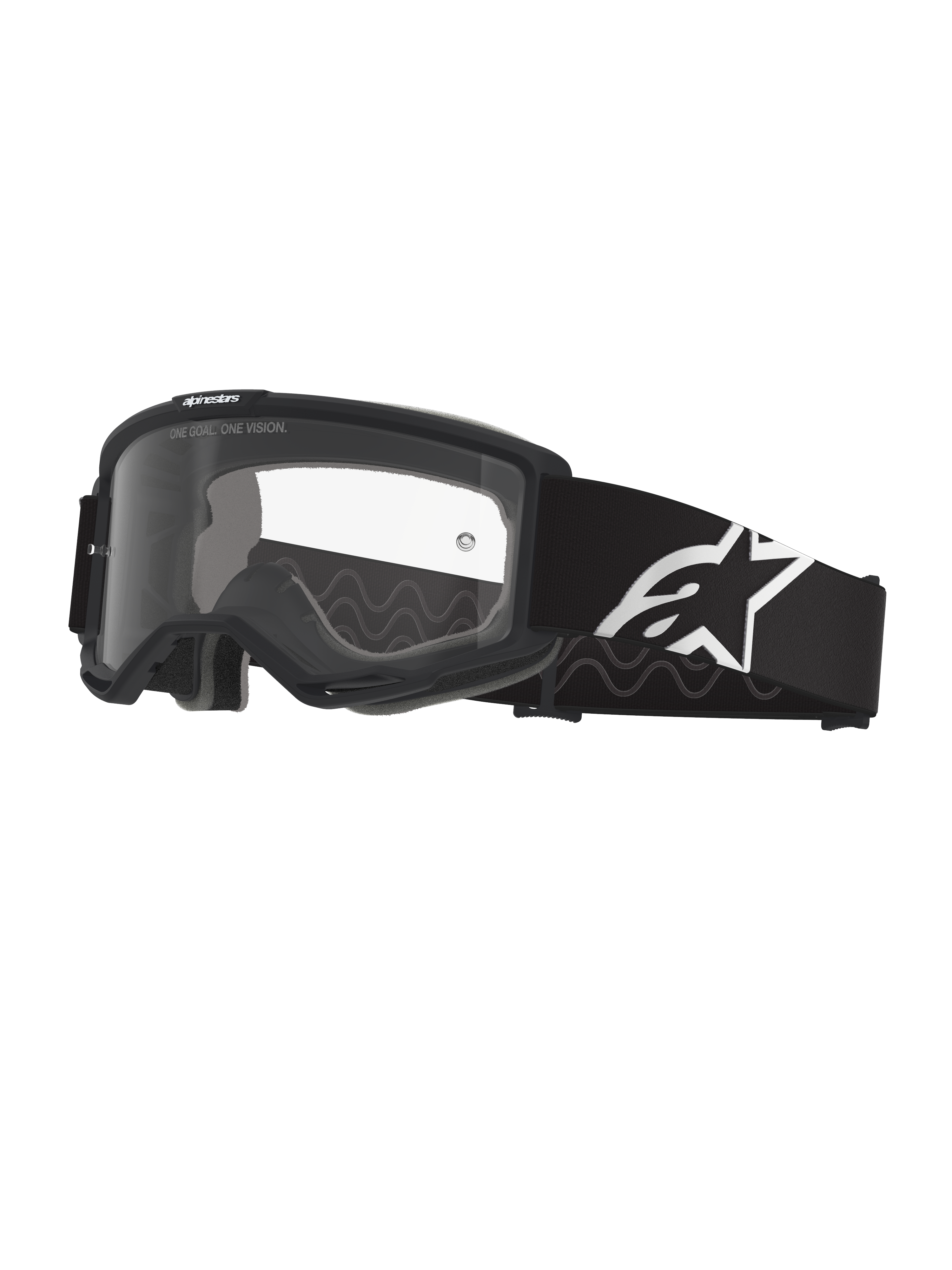 Masque Alpinestars Vision OTG, masque de motocross, noir et gris avec écran clair, large sangle tissée noire avec logo Alpinestars blanc, monture à volume profond conçue pour les lunettes de vue, protection oculaire pour la conduite tout-terrain