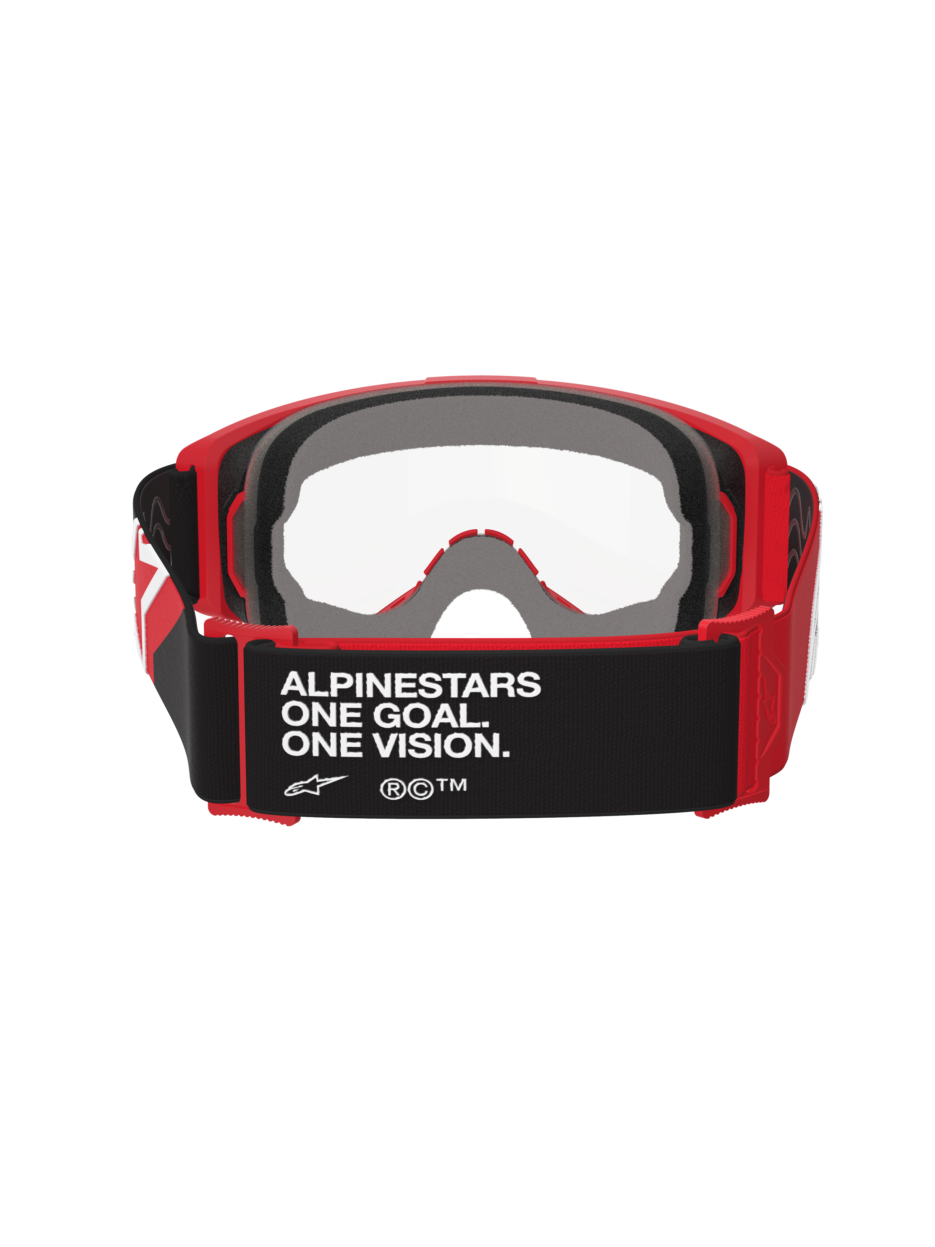 Masque Alpinestars Vision OTG, masque de motocross, rouge et noir avec écran clair, vue arrière montrant le bandeau noir avec le texte « ALPINESTARS ONE GOAL. ONE VISION. », mousse faciale multicouche épaisse et monture rouge flexible adaptée au port de lunettes de vue