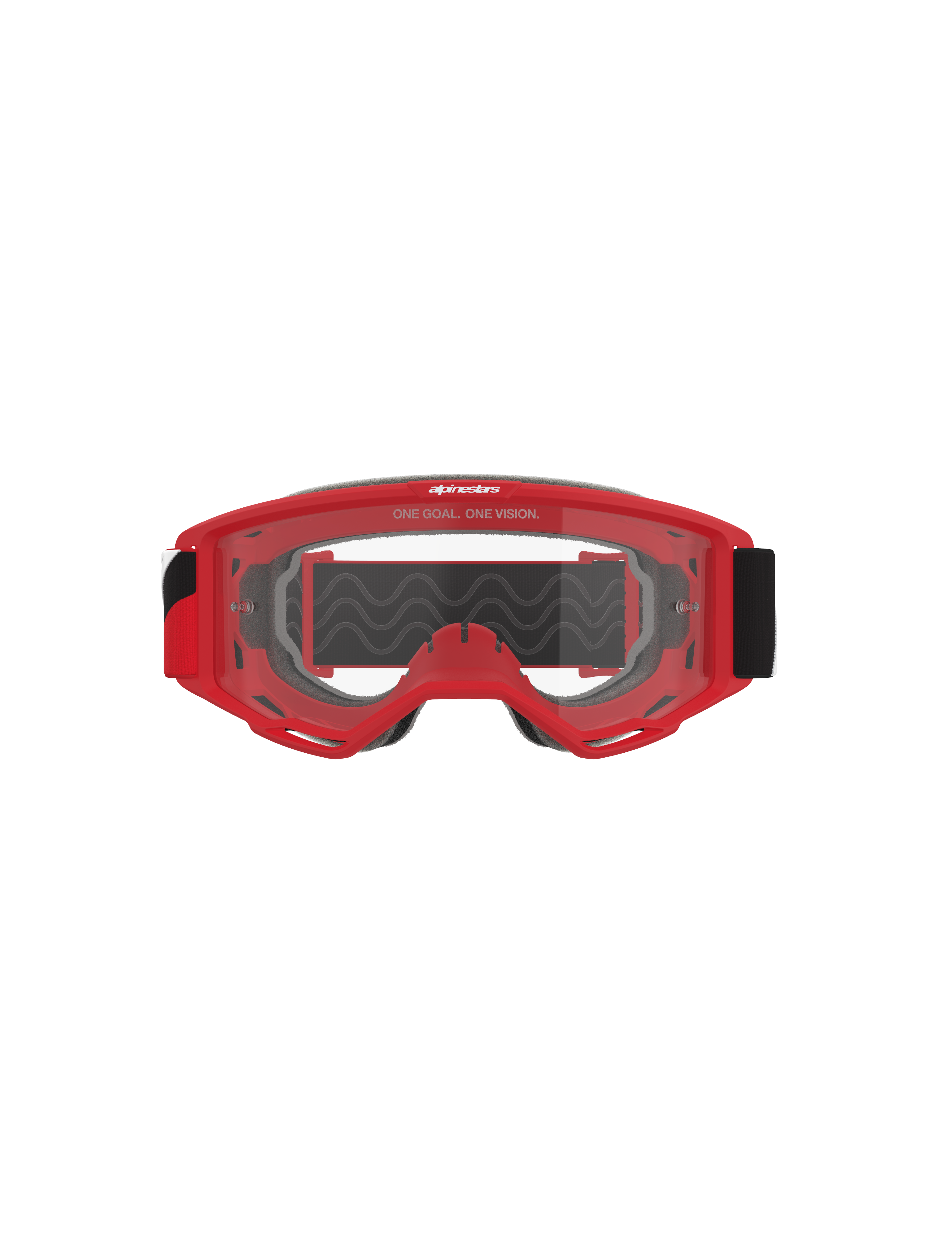 Alpinestars Vision Goggles OTG, masque de motocross, monture rouge avec lentille transparente anti-buée, vue de face avec le slogan « ONE GOAL. ONE VISION. », large sangle noire, protection oculaire haute performance pour la course tout-terrain