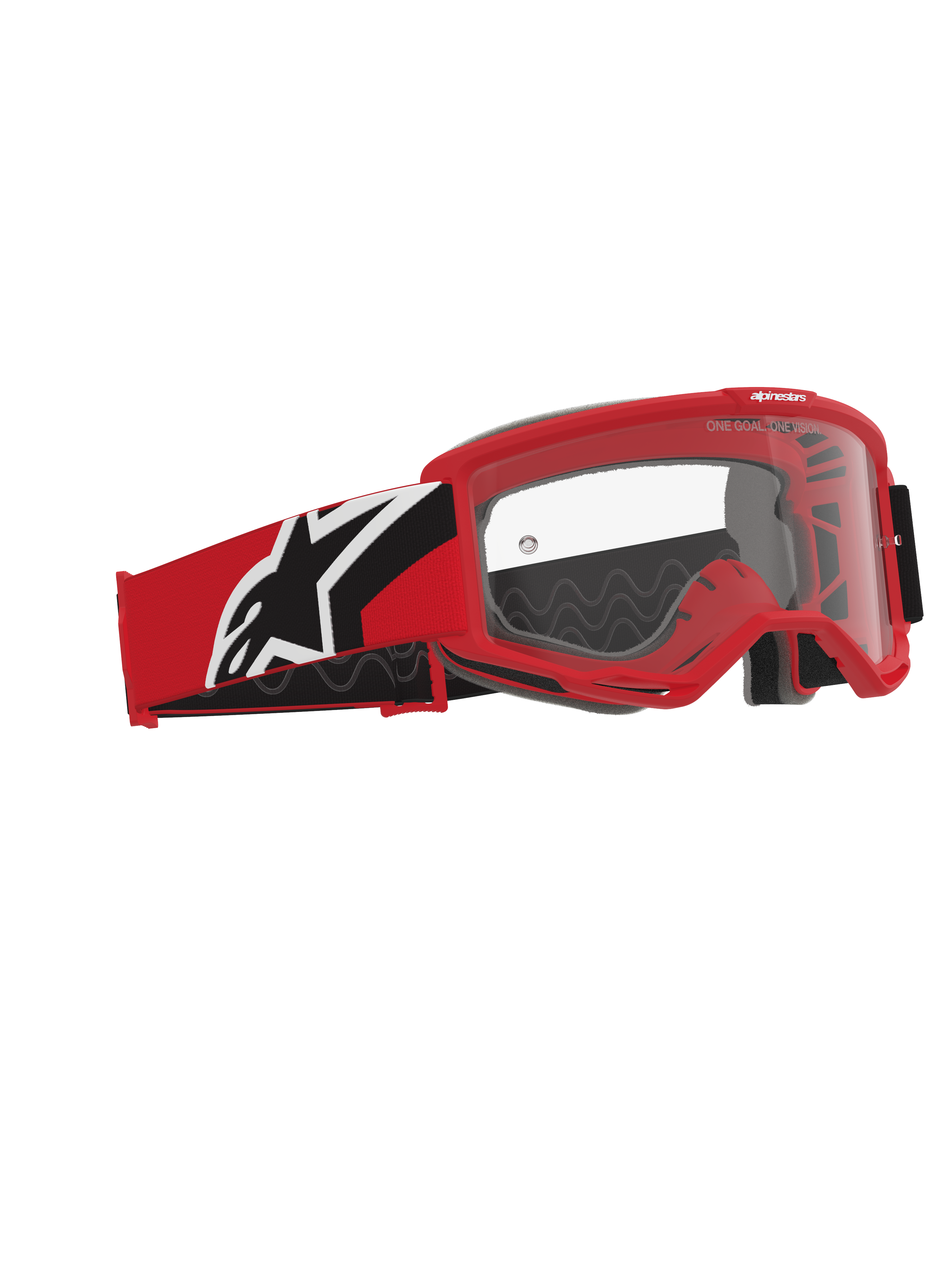 Masque Alpinestars Vision OTG, masque de motocross, rouge, noir et blanc, écran en polycarbonate transparent, monture à volume profond conçue pour le port de lunettes de vue, sangle rouge et noire avec logo Alpinestars blanc