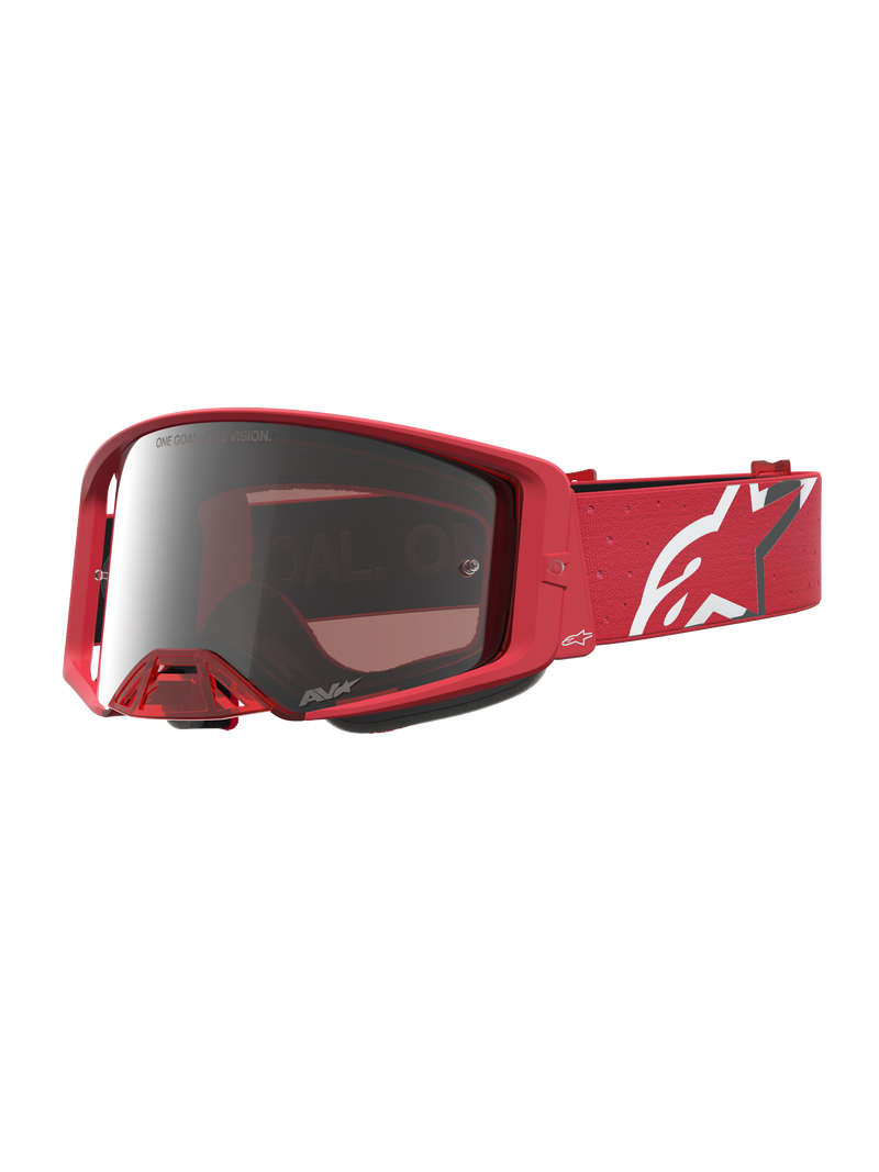 Alpinestars Supertech Vesta, masque de motocross pour le tout-terrain, rouge fluo et argenté, lentille miroir argentée chrome, sangle avec logo blanc