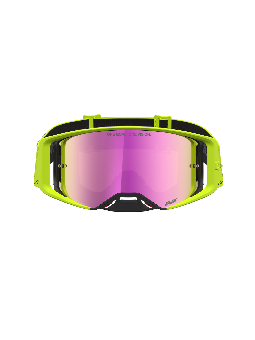 Alpinestars Masque Supertech Vesta, masque de motocross tout-terrain, jaune fluo avec écran rose miroir.