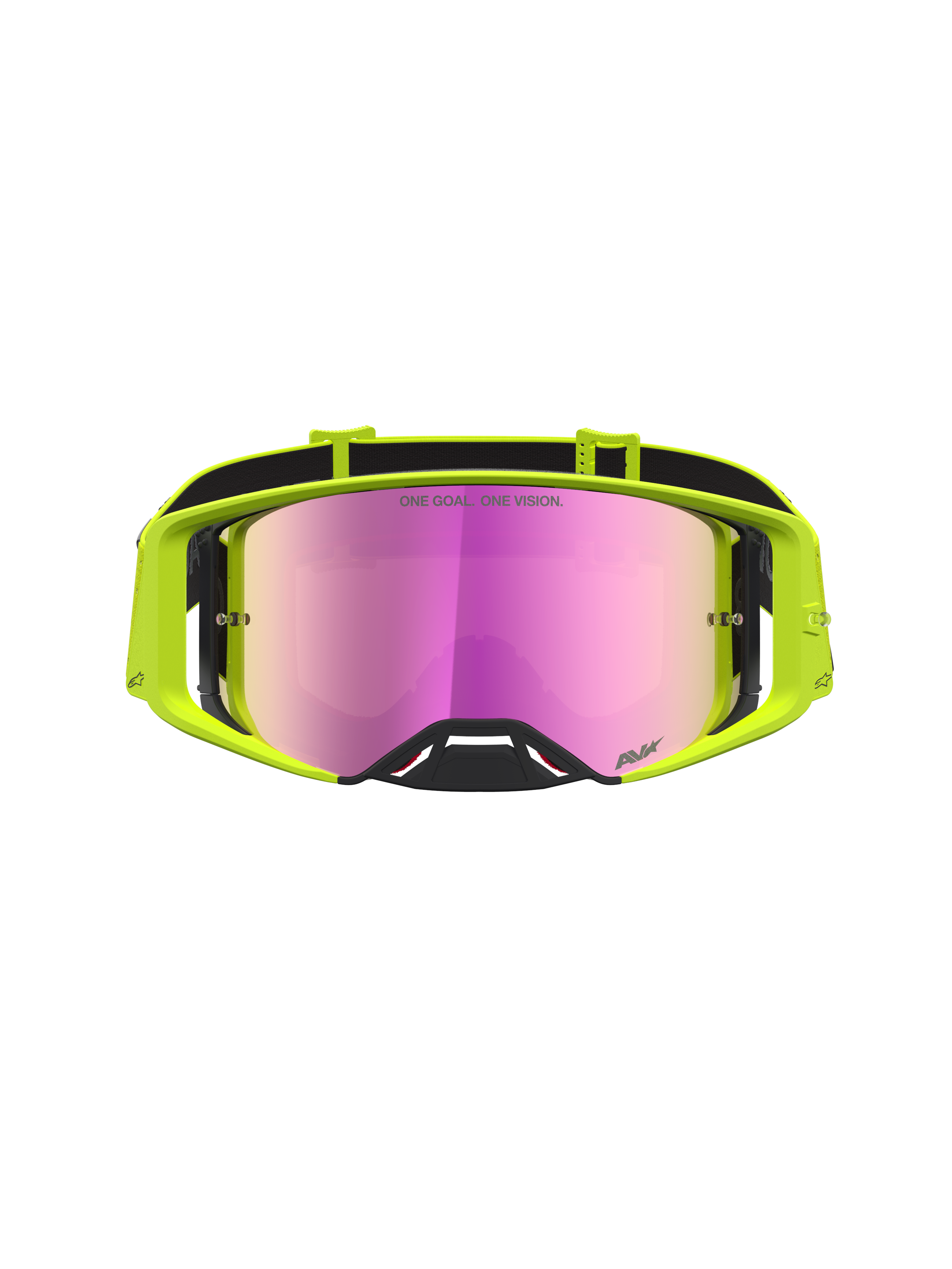 Alpinestars Masque Supertech Vesta, masque de motocross tout-terrain, jaune fluo avec écran rose miroir.