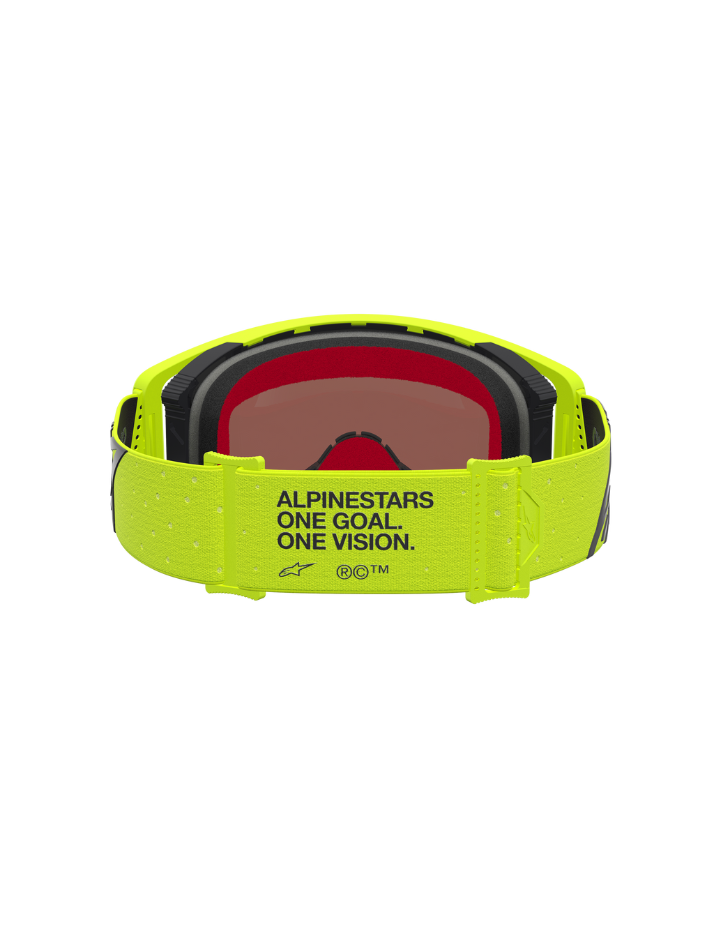Masque Supertech Vesta Alpinestars, masque de motocross jaune fluo et noir, vue arrière montrant la sangle marquée One Goal One Vision et la lentille miroir.