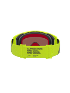 Masque Supertech Vesta Alpinestars, masque de motocross jaune fluo et noir, vue arrière montrant la sangle marquée One Goal One Vision et la lentille miroir.