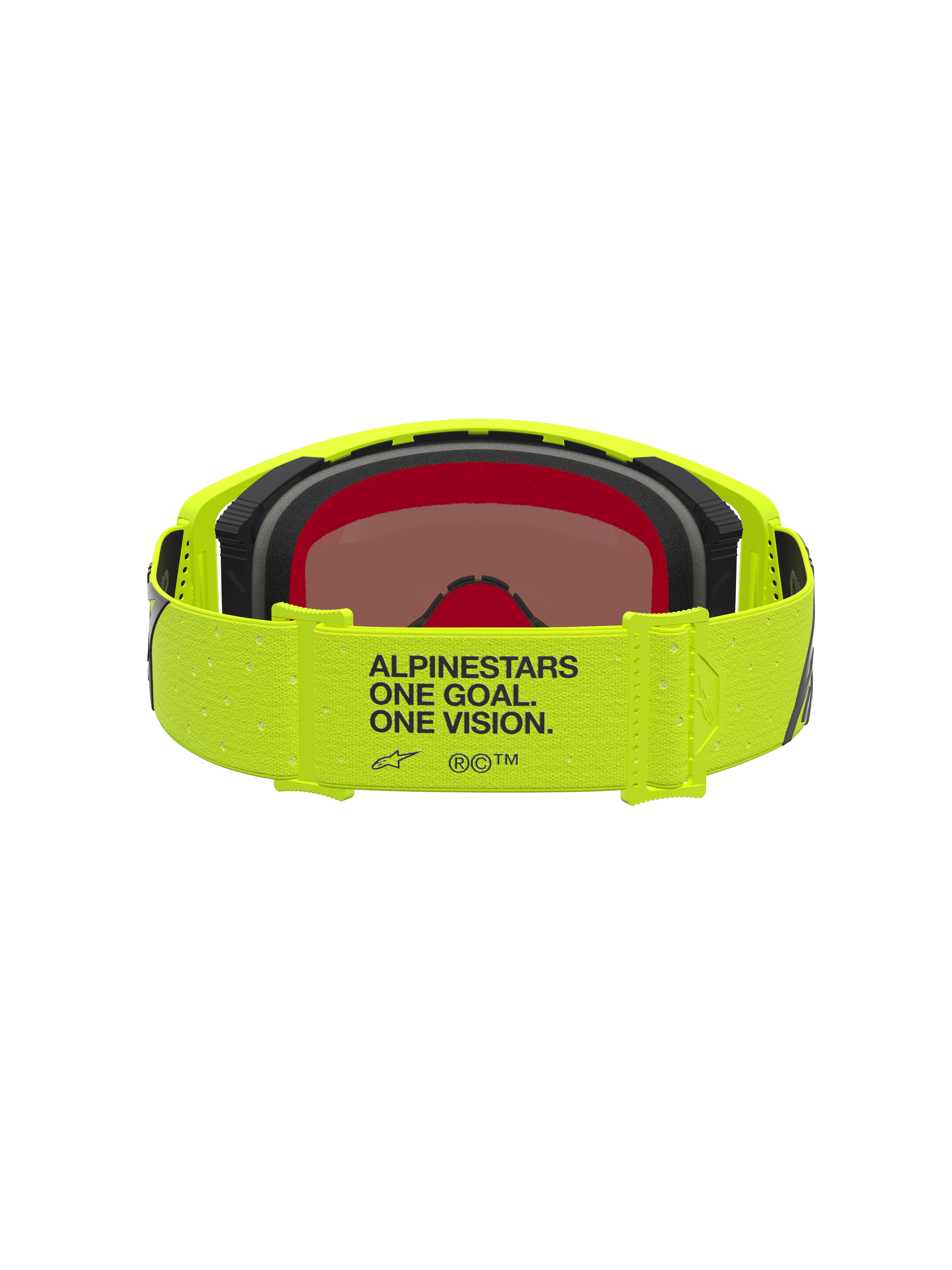 Masque Supertech Vesta Alpinestars, masque de motocross jaune fluo et noir, vue arrière montrant la sangle marquée One Goal One Vision et la lentille miroir.