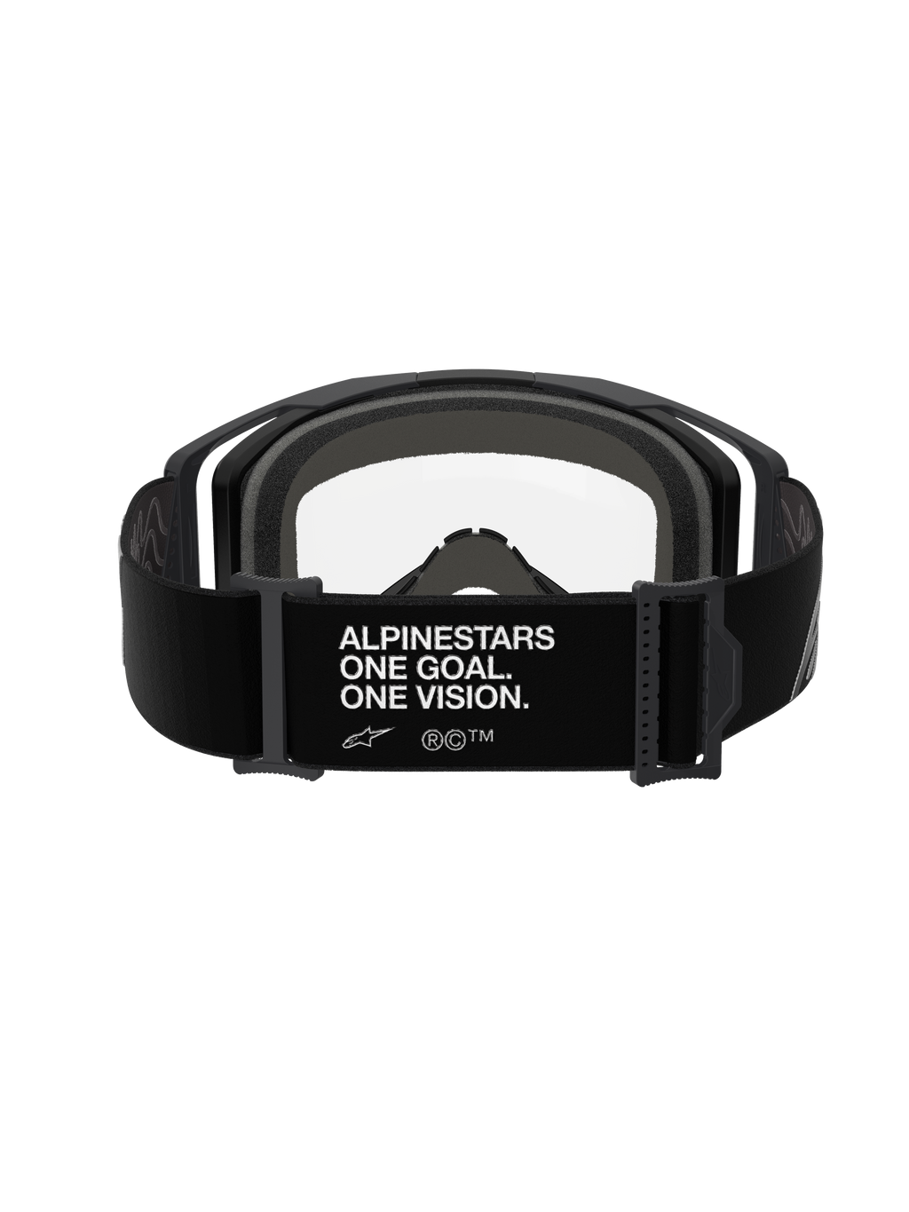 Masque Alpinestars Vision 8 Corp, Noir Clair, vue arrière montrant la sangle réglable noire avec le texte blanc « ALPINESTARS ONE GOAL. ONE VISION. », mousse faciale multicouche grise et écran en polycarbonate clair, équipement de motocross haute performance
