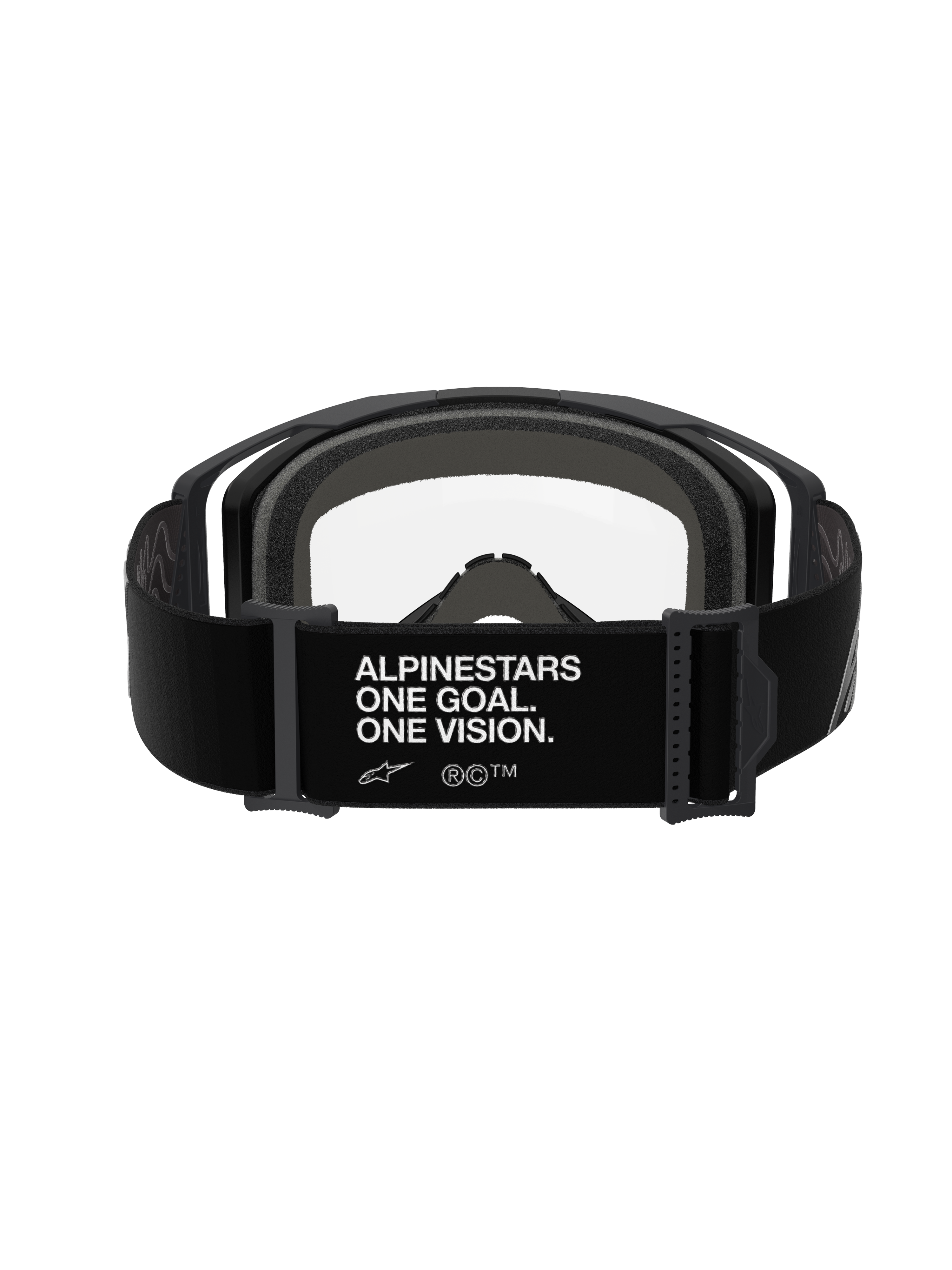 Masque Alpinestars Vision 8 Corp, Noir Clair, vue arrière montrant la sangle réglable noire avec le texte blanc « ALPINESTARS ONE GOAL. ONE VISION. », mousse faciale multicouche grise et écran en polycarbonate clair, équipement de motocross haute performance