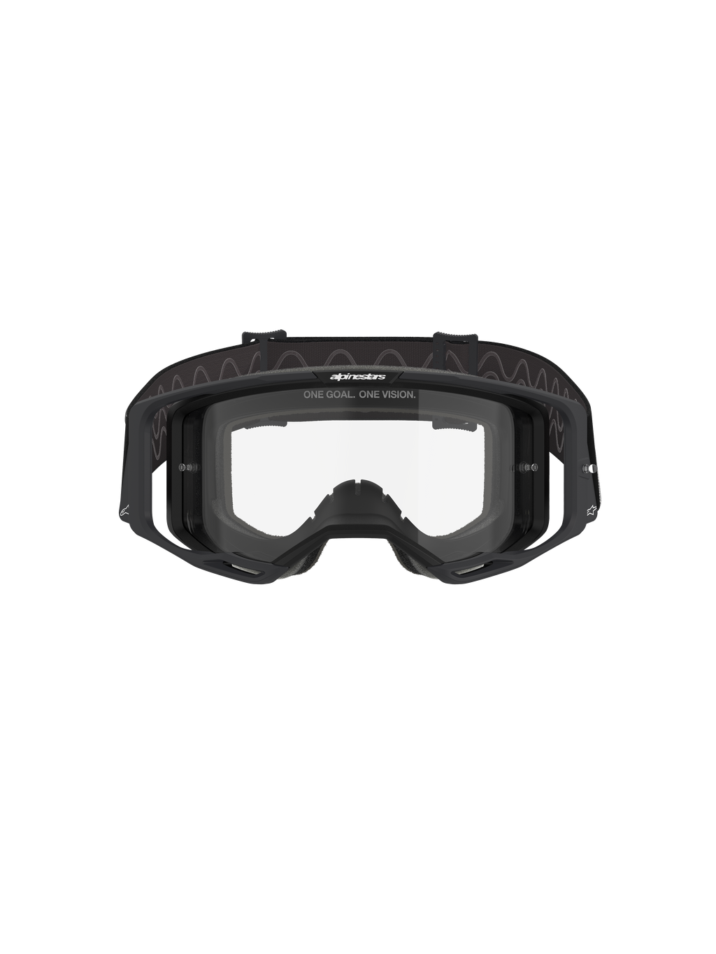 Masque Alpinestars Vision 8 Corp, masque de motocross, monture noire avec écran clair, vue de face montrant le design à large champ de vision, supports latéraux intégrés et bandeau tissé avec logo Alpinestars, protection oculaire professionnelle pour la course tout-terrain