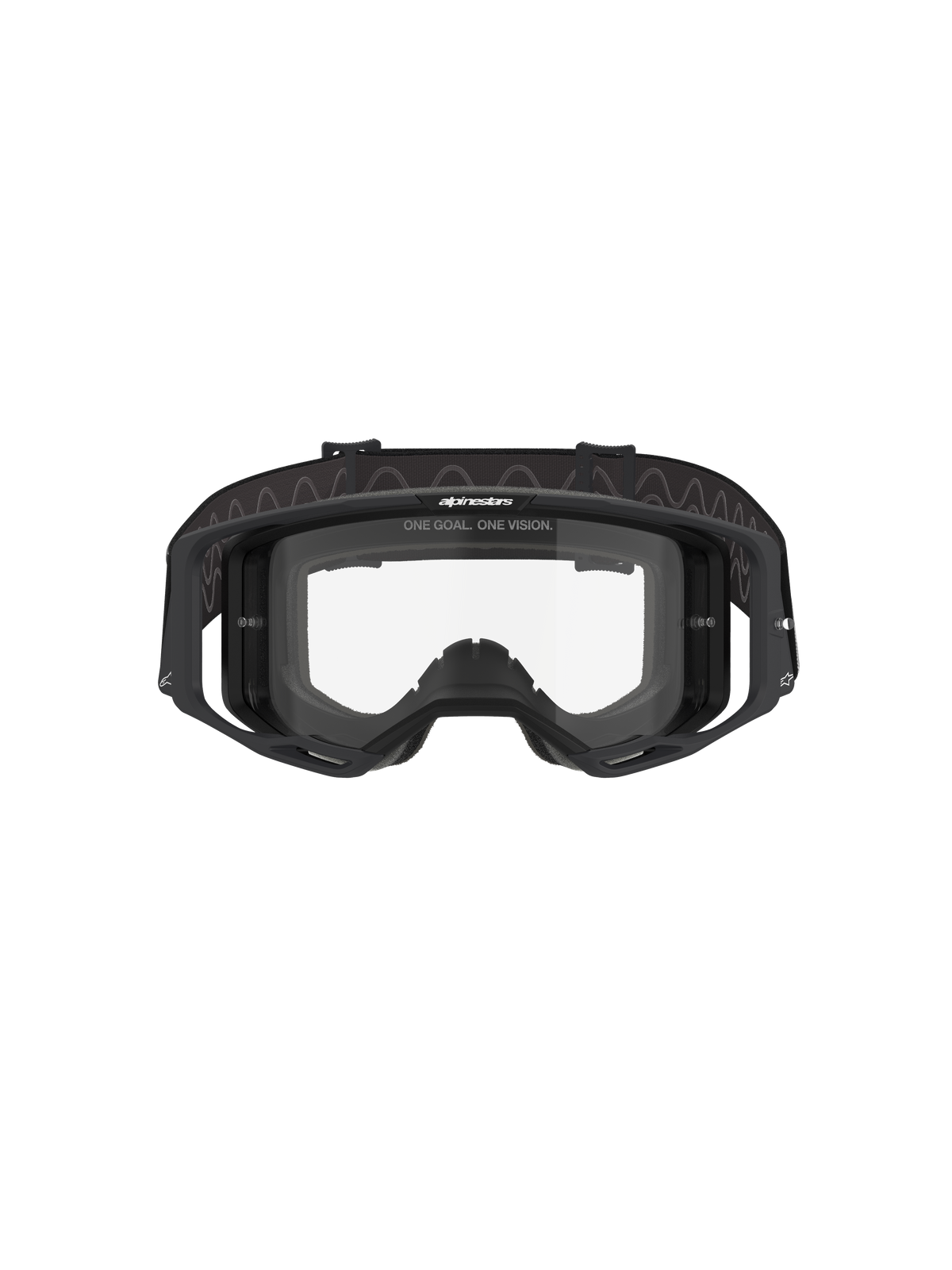 Masque Alpinestars Vision 8 Corp, masque de motocross, monture noire avec écran clair, vue de face montrant le design à large champ de vision, supports latéraux intégrés et bandeau tissé avec logo Alpinestars, protection oculaire professionnelle pour la course tout-terrain