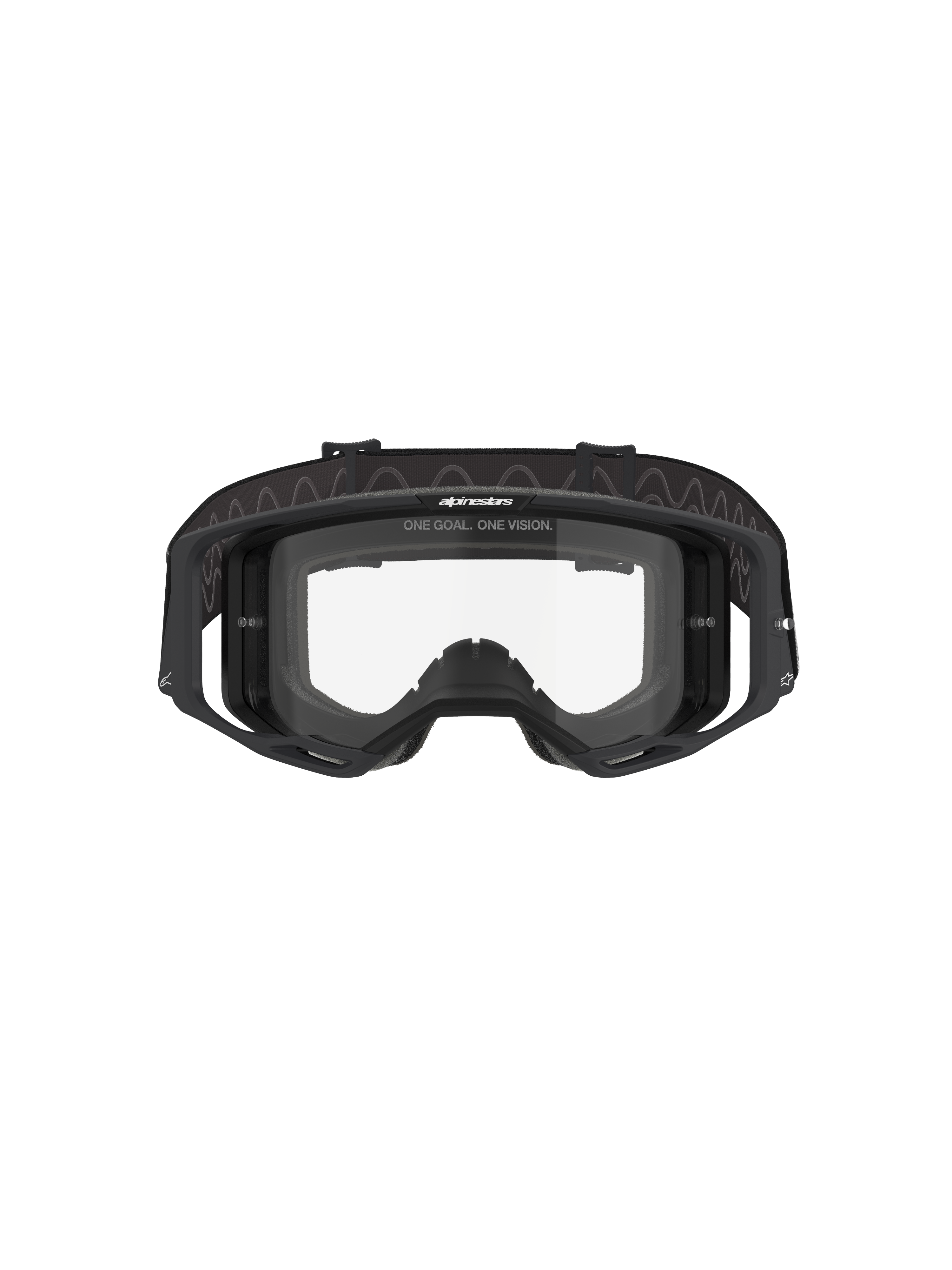 Masque Alpinestars Vision 8 Corp, masque de motocross, monture noire avec écran clair, vue de face montrant le design à large champ de vision, supports latéraux intégrés et bandeau tissé avec logo Alpinestars, protection oculaire professionnelle pour la course tout-terrain