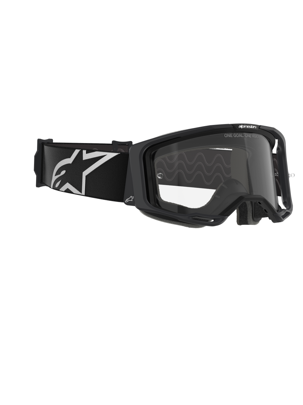 Masque Alpinestars Vision 8 Corp, masque de motocross, monture noire avec écran transparent, large bandeau tissé noir arborant le logo A-star blanc, lunettes de protection avec le texte « ONE GOAL. ONE VISION. », design de course professionnel pour performance tout-terrain