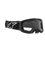 Masque Alpinestars Vision 8 Corp, masque de motocross, monture noire avec écran transparent, large bandeau tissé noir arborant le logo A-star blanc, lunettes de protection avec le texte « ONE GOAL. ONE VISION. », design de course professionnel pour performance tout-terrain