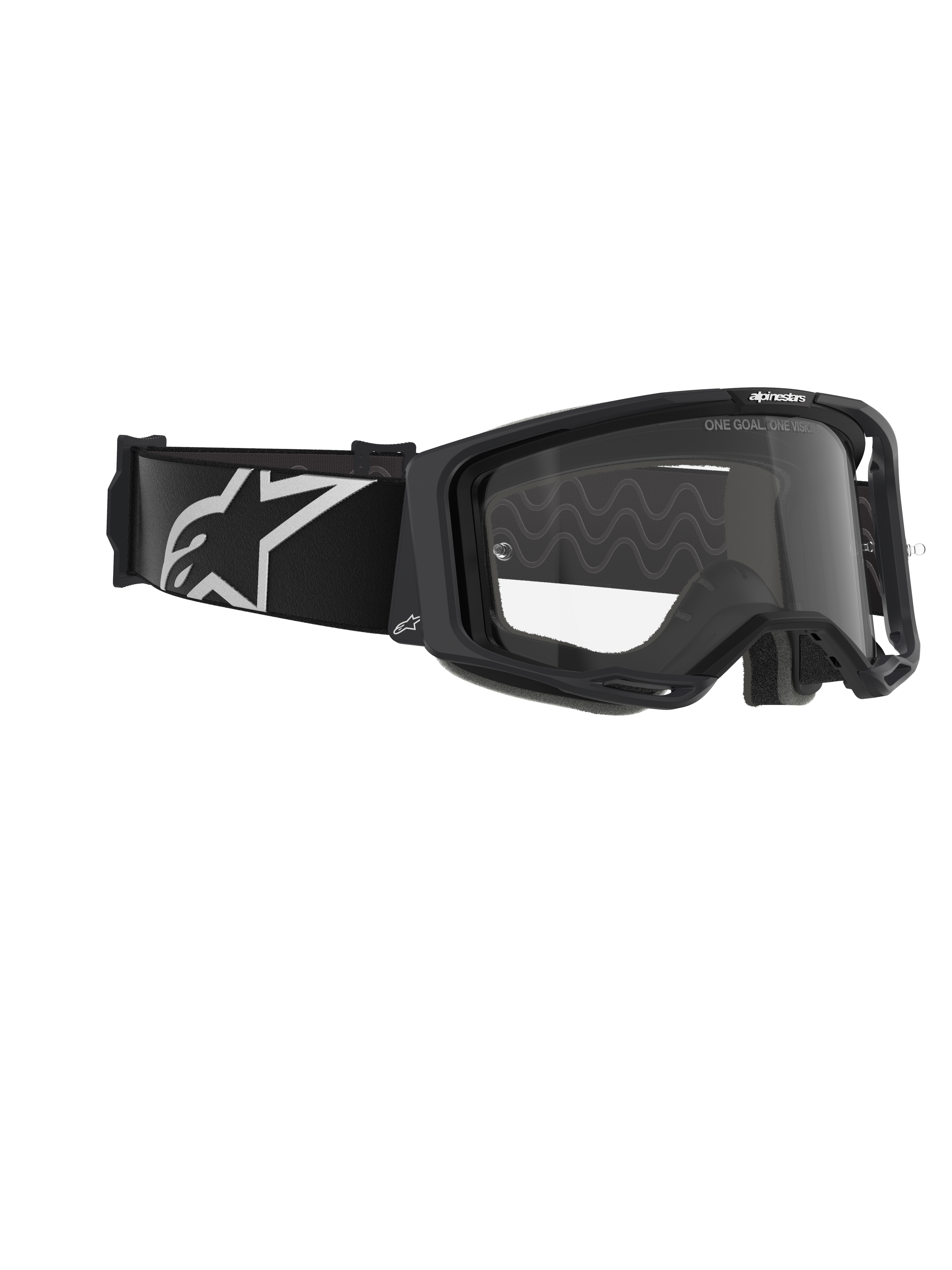 Masque Alpinestars Vision 8 Corp, masque de motocross, monture noire avec écran transparent, large bandeau tissé noir arborant le logo A-star blanc, lunettes de protection avec le texte « ONE GOAL. ONE VISION. », design de course professionnel pour performance tout-terrain