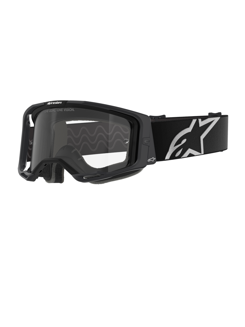 Masque Alpinestars Vision 8 Corp, lunettes de motocross, monture noire avec écran transparent, large sangle noire réglable avec logo étoile Alpinestars blanc proéminent, mousse faciale moulée en 3D visible, protection oculaire professionnelle pour la course tout-terrain