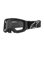 Masque Alpinestars Vision 8 Corp, lunettes de motocross, monture noire avec écran transparent, large sangle noire réglable avec logo étoile Alpinestars blanc proéminent, mousse faciale moulée en 3D visible, protection oculaire professionnelle pour la course tout-terrain