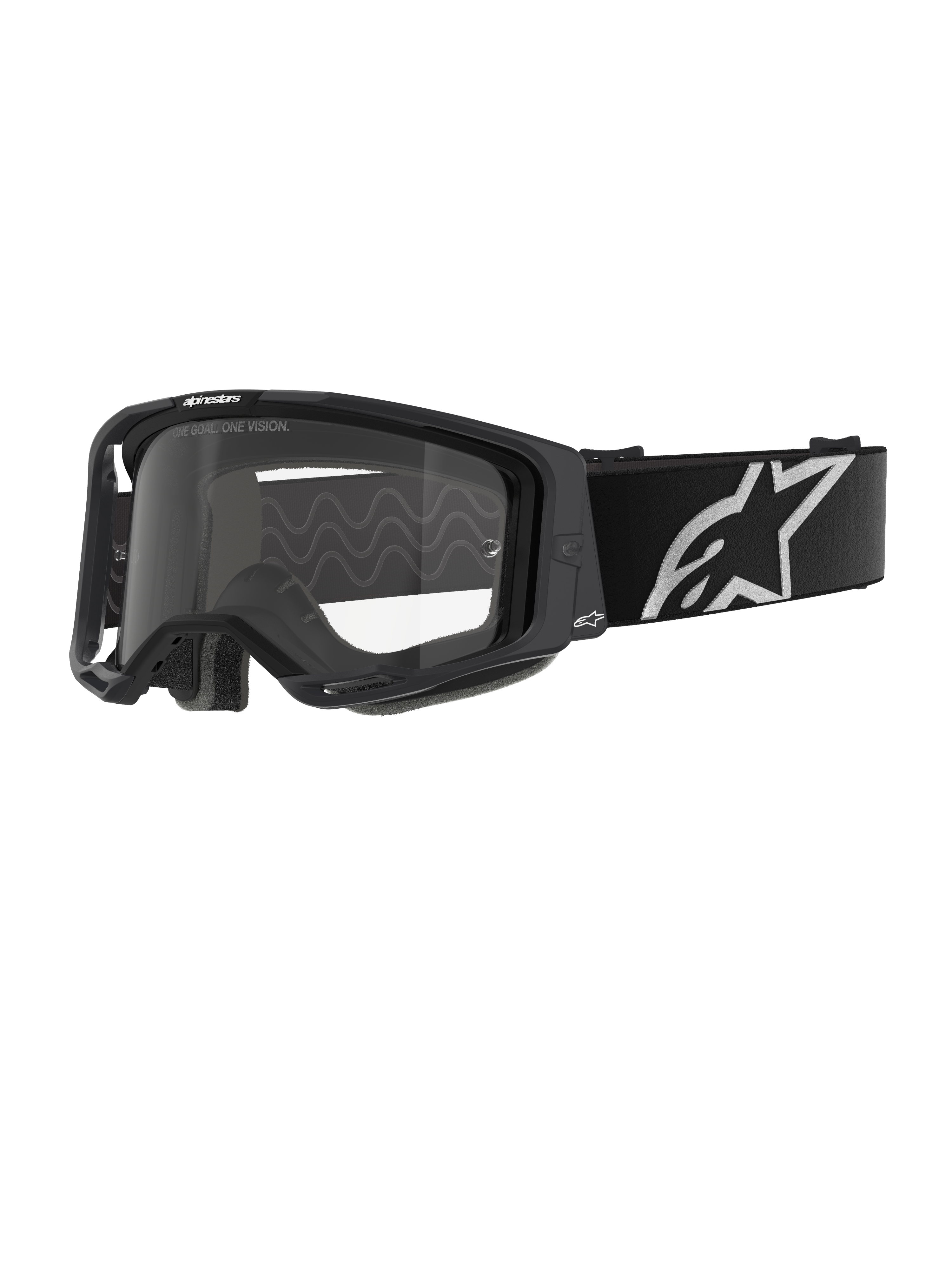 Masque Alpinestars Vision 8 Corp, lunettes de motocross, monture noire avec écran transparent, large sangle noire réglable avec logo étoile Alpinestars blanc proéminent, mousse faciale moulée en 3D visible, protection oculaire professionnelle pour la course tout-terrain
