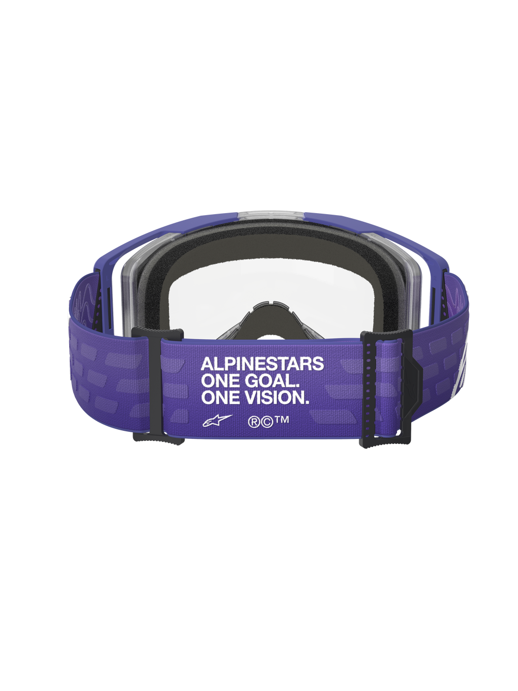 Masque Alpinestars Vision 8 Corp, lunettes de motocross, pourpre avec écran clair, vue arrière montrant le bandeau pourpre avec le slogan « ALPINESTARS ONE GOAL. ONE VISION. », écran transparent et rembourrage en mousse noire, équipement de course tout-terrain