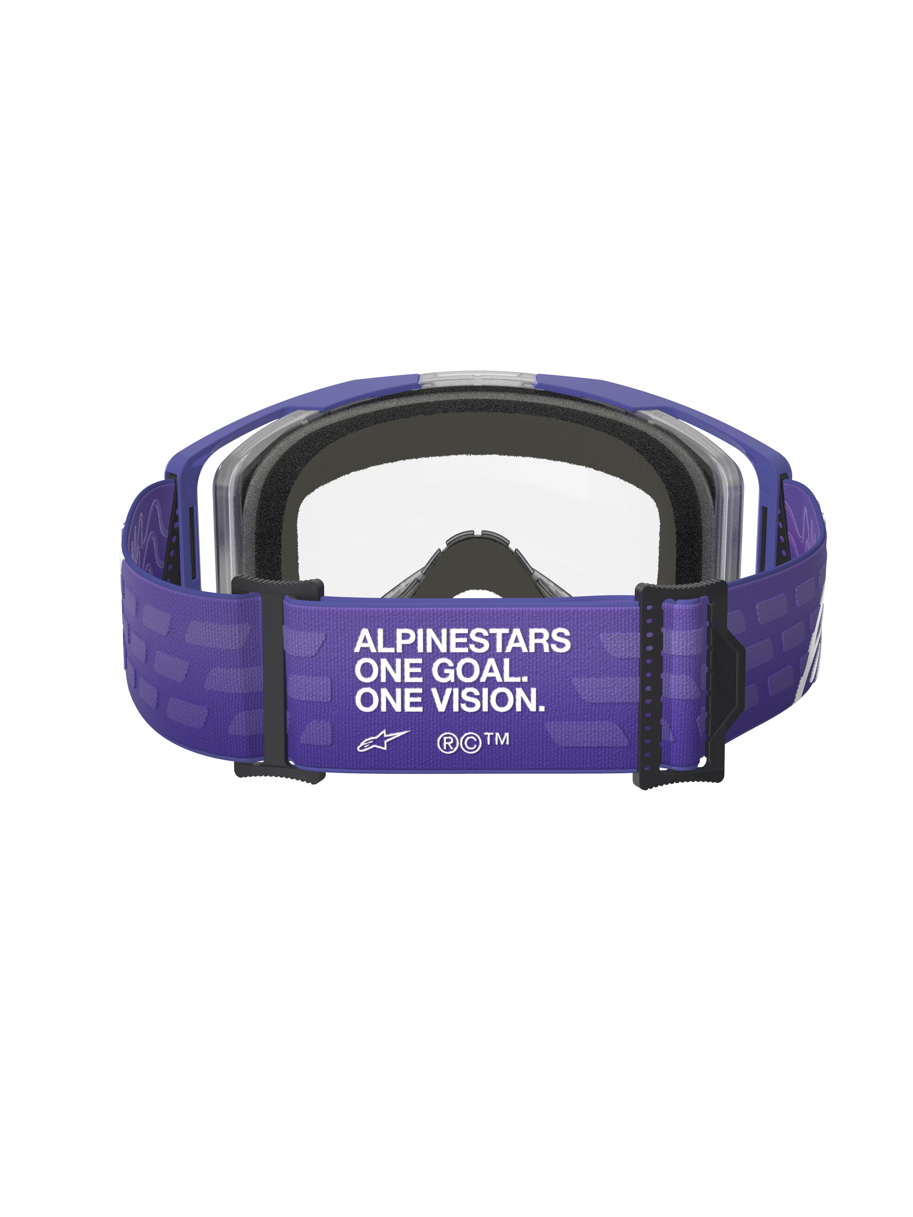 Masque Alpinestars Vision 8 Corp, lunettes de motocross, pourpre avec écran clair, vue arrière montrant le bandeau pourpre avec le slogan « ALPINESTARS ONE GOAL. ONE VISION. », écran transparent et rembourrage en mousse noire, équipement de course tout-terrain