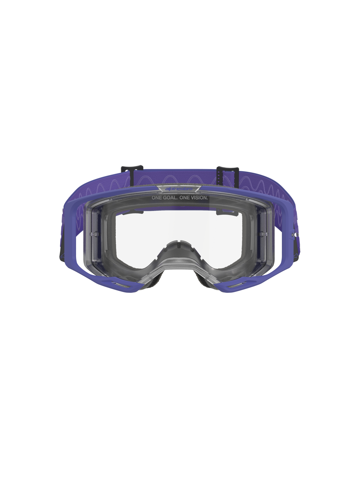 Masque de motocross Alpinestars Vision 8 Corp, pourpre et transparent, doté d'une monture A-FLEX pourpre, d'un écran clair anti-buée et d'une large sangle tissée pourpre à motif ondulé, protection oculaire haute performance pour le tout-terrain