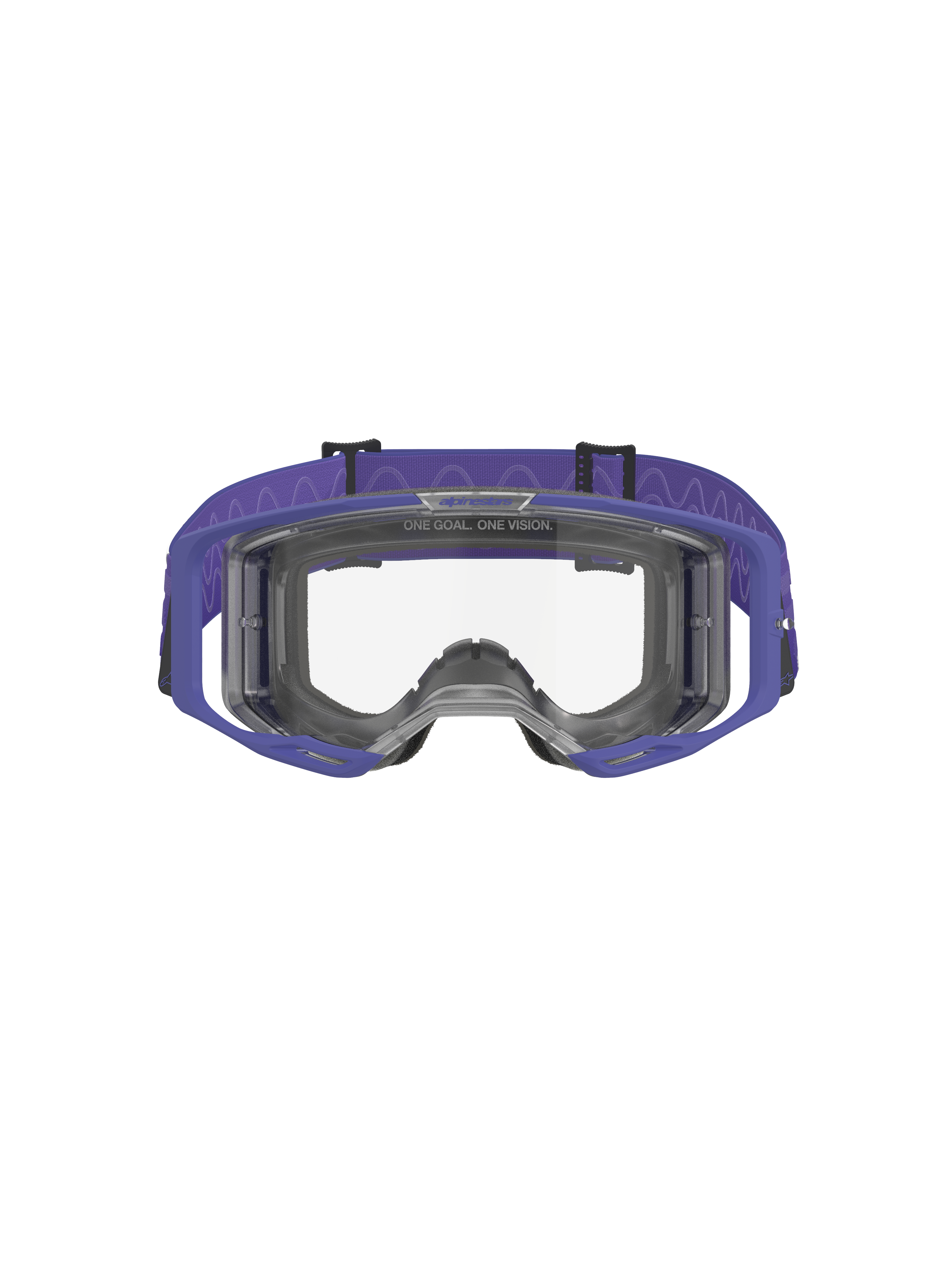 Masque de motocross Alpinestars Vision 8 Corp, pourpre et transparent, doté d'une monture A-FLEX pourpre, d'un écran clair anti-buée et d'une large sangle tissée pourpre à motif ondulé, protection oculaire haute performance pour le tout-terrain