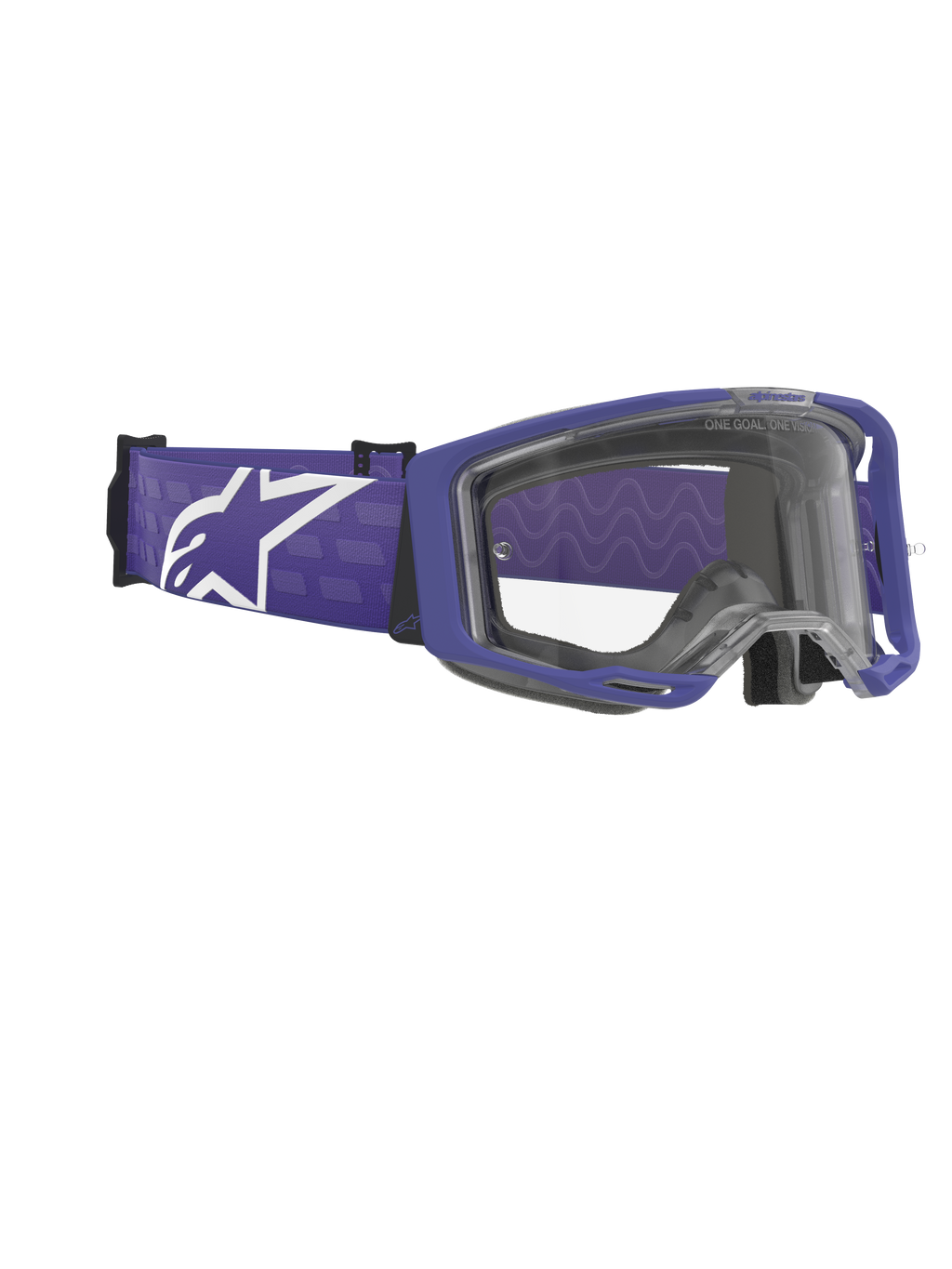 Masque Alpinestars Vision 8 Corp, masque de motocross, pourpre et transparent, monture pourpre mat avec écran transparent, large sangle tissée pourpre avec un grand logo Alpinestars blanc, protection oculaire haute performance pour le tout-terrain
