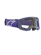 Masque Alpinestars Vision 8 Corp, masque de motocross, pourpre et transparent, monture pourpre mat avec écran transparent, large sangle tissée pourpre avec un grand logo Alpinestars blanc, protection oculaire haute performance pour le tout-terrain
