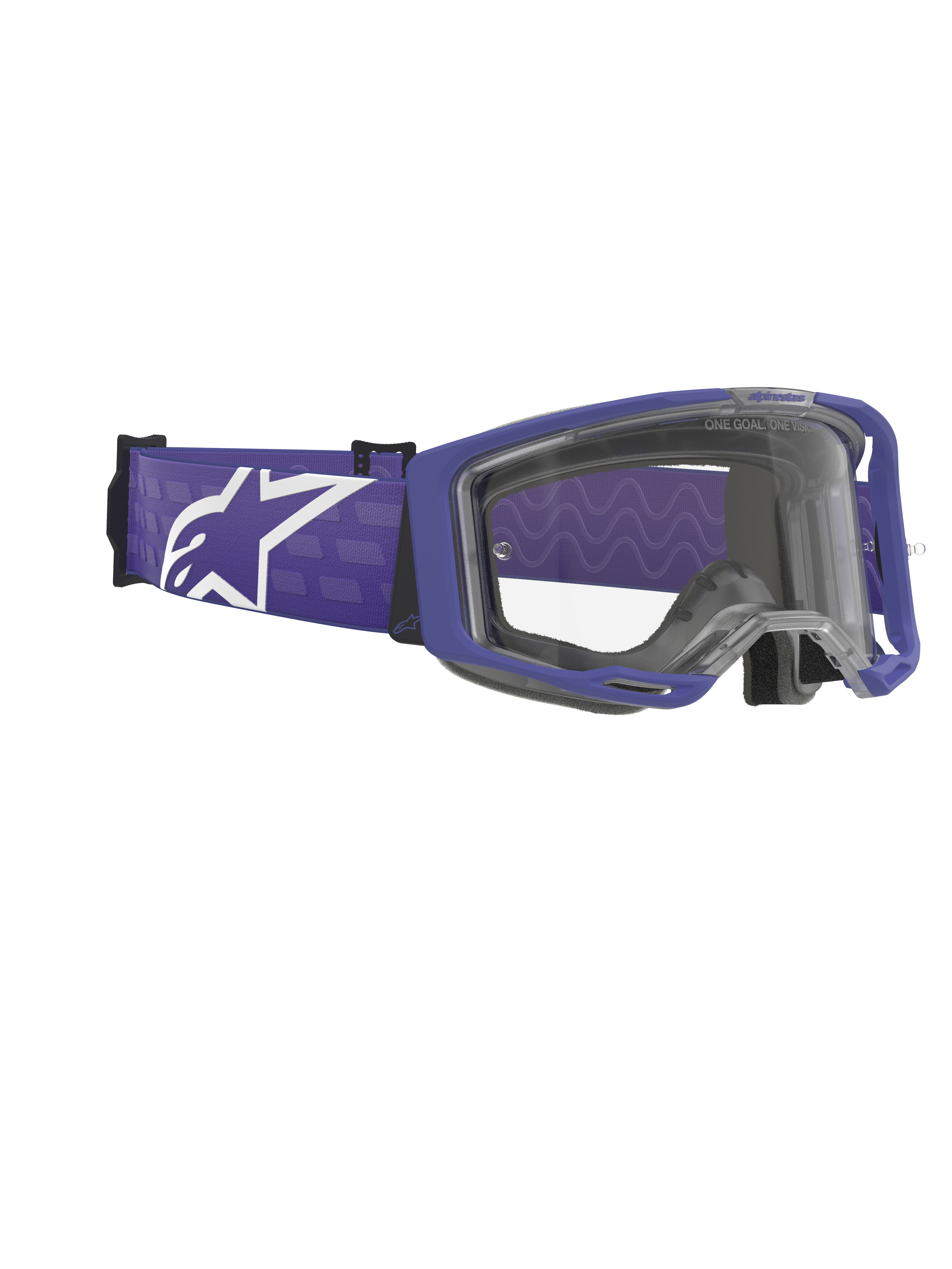 Masque Alpinestars Vision 8 Corp, masque de motocross, pourpre et transparent, monture pourpre mat avec écran transparent, large sangle tissée pourpre avec un grand logo Alpinestars blanc, protection oculaire haute performance pour le tout-terrain