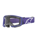 Lunettes Alpinestars Vision 8 Corp, masque de motocross, pourpre et transparent, doté d'un cadre A-FLEX pourpre et d'un écran clair, bandeau pourpre avec un grand logo étoile blanc, large champ de vision, conçu pour la performance en course tout-terrain