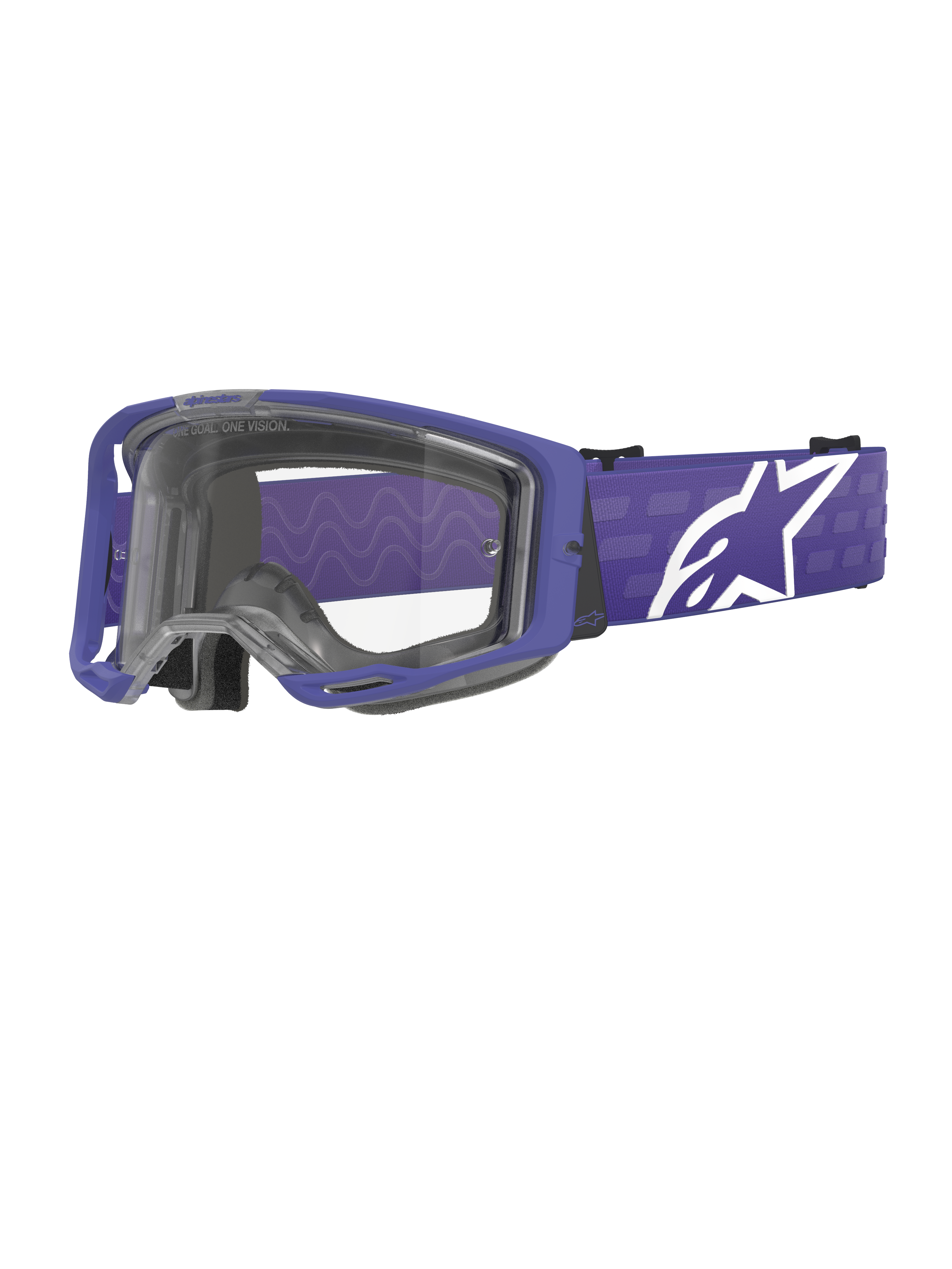 Lunettes Alpinestars Vision 8 Corp, masque de motocross, pourpre et transparent, doté d'un cadre A-FLEX pourpre et d'un écran clair, bandeau pourpre avec un grand logo étoile blanc, large champ de vision, conçu pour la performance en course tout-terrain