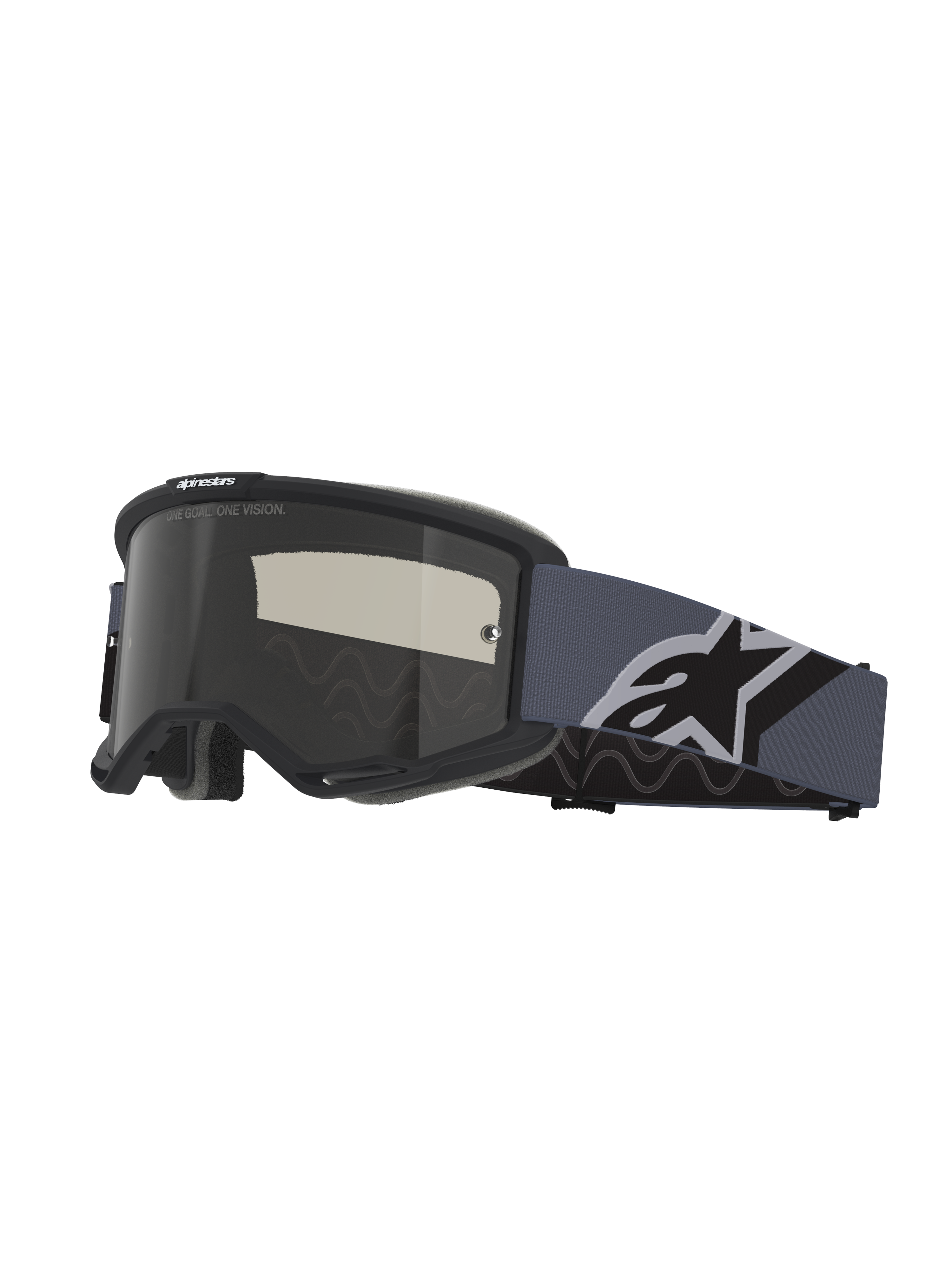 Masque Vision Sand Alpinestars, masque de motocross, monture noire et grise avec écran fumé foncé, large sangle bleu-gris arborant un grand logo Alpinestars noir et blanc, protection oculaire pour le pilotage tout-terrain et dans le désert