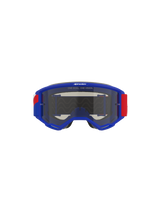 Masque Alpinestars Vision Sand, monture bleue avec accents de bandeau rouges et blancs, écran teinté Dark Smoke, arborant le slogan « ONE GOAL. ONE VISION. » sur le dessus, lunettes de motocross haute performance conçues pour la protection en désert et tout-terrain