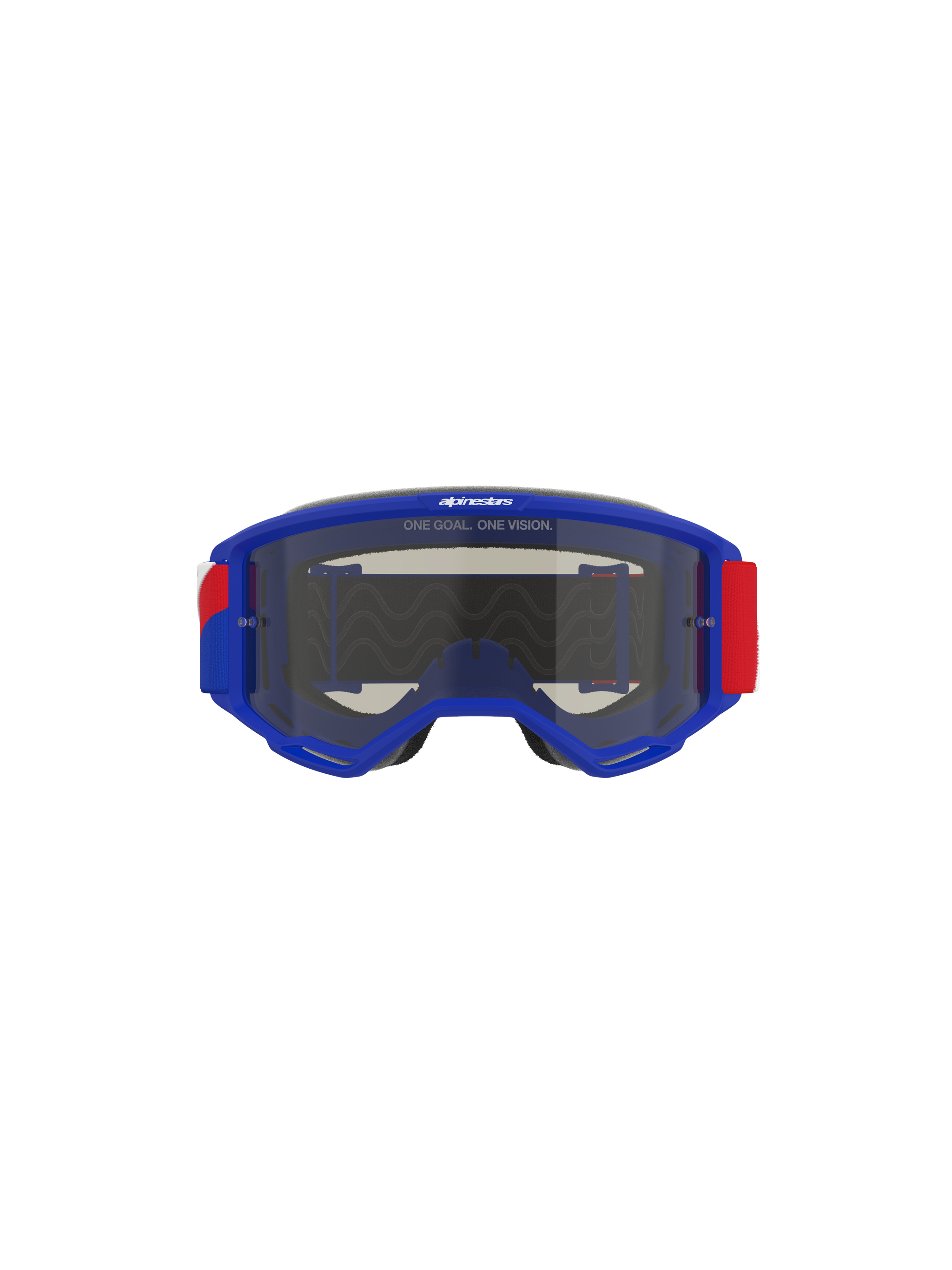 Masque Alpinestars Vision Sand, monture bleue avec accents de bandeau rouges et blancs, écran teinté Dark Smoke, arborant le slogan « ONE GOAL. ONE VISION. » sur le dessus, lunettes de motocross haute performance conçues pour la protection en désert et tout-terrain
