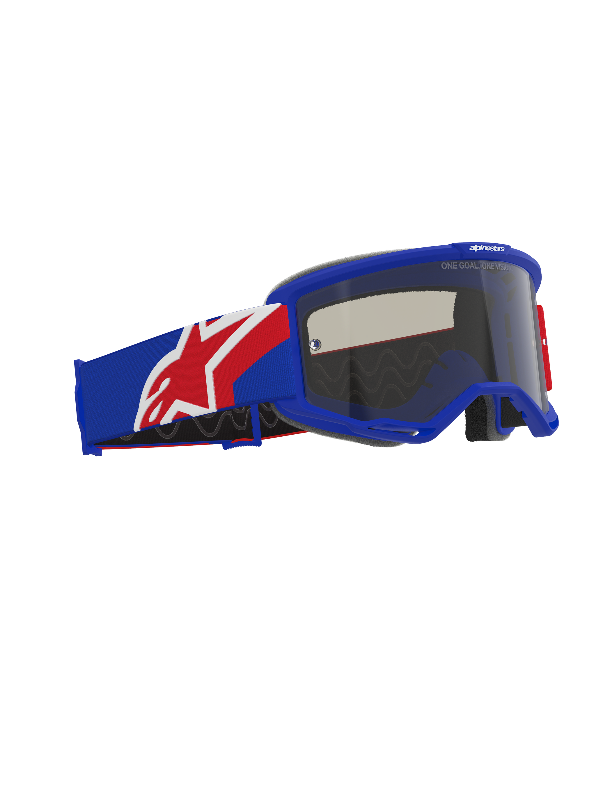 Alpinestars Vision Sand Goggles, masque de motocross tout-terrain, monture et sangle bleues, rouges et blanches, écran teinté Dark Smoke, doté d'une large sangle siliconée et d'une mousse faciale ergonomique.