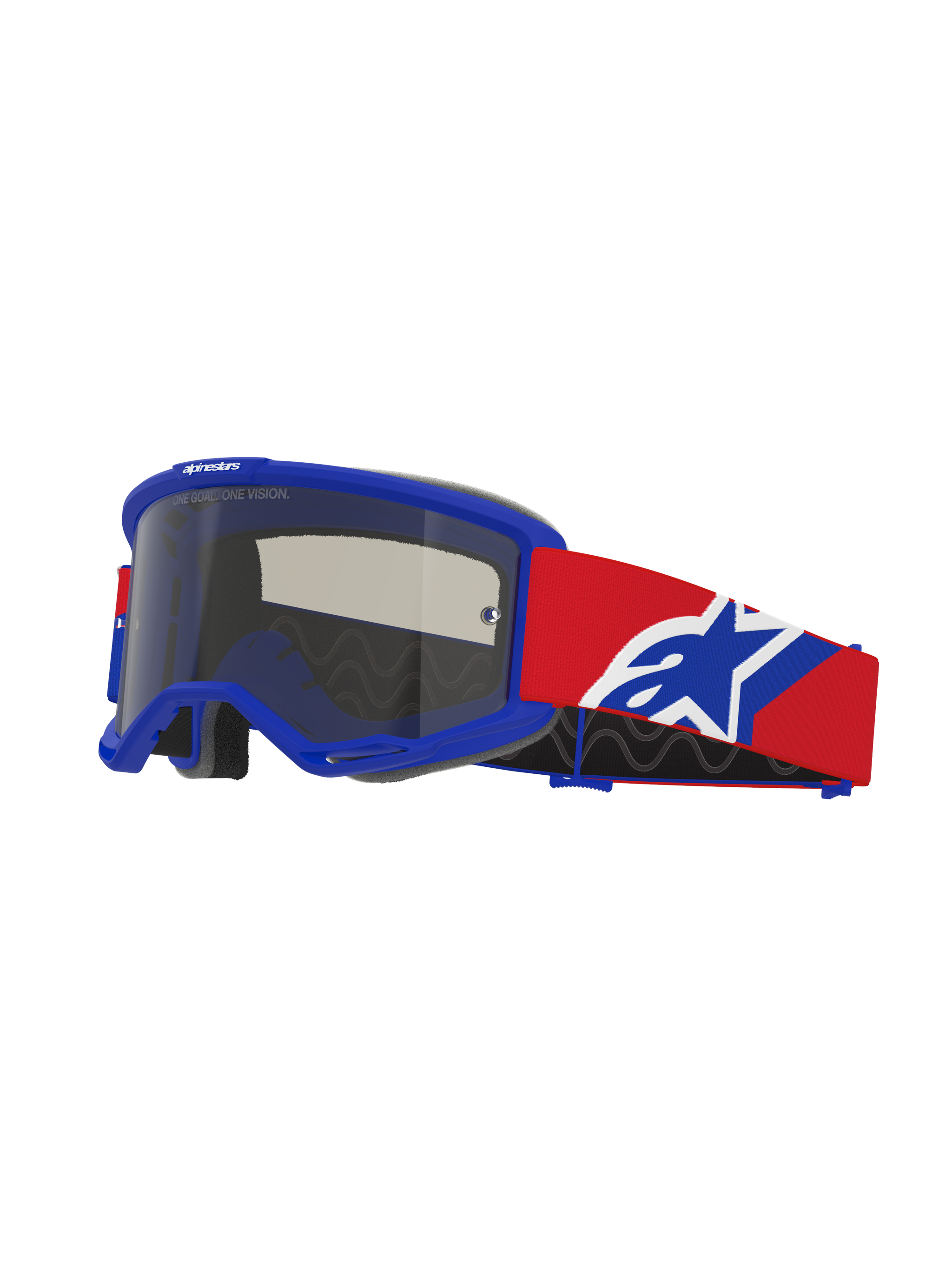 Masque Vision Sand Alpinestars, masque de motocross, monture bleue avec écran Dark Smoke, bandeau rouge avec logo bleu et blanc, protection oculaire tout-terrain avec mousse de ventilation spécialisée pour le désert