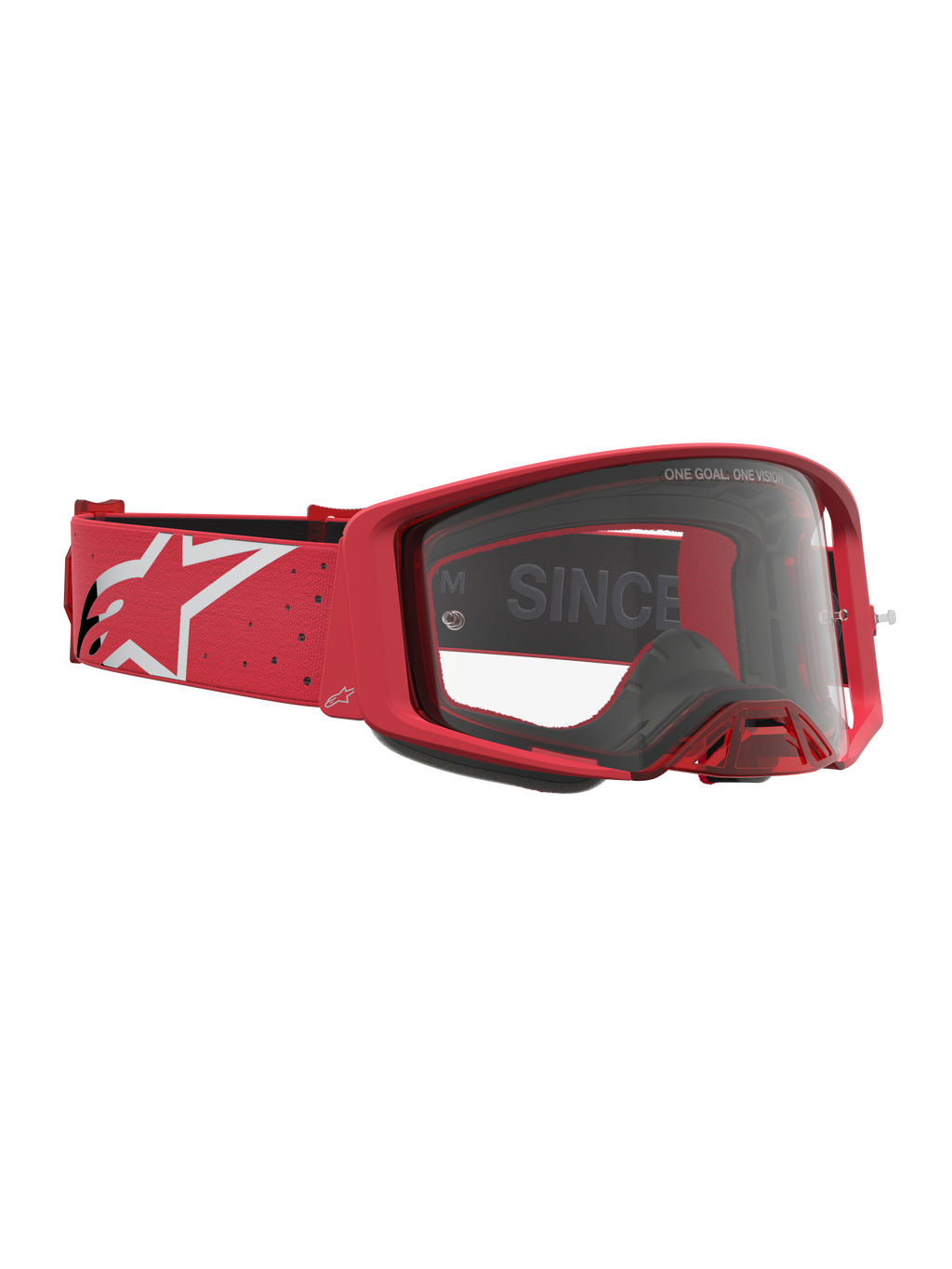 Alpinestars Supertech Vesta Goggles, Motocross Racing Goggles, Red and White, featuring clear optics and a logo strap.