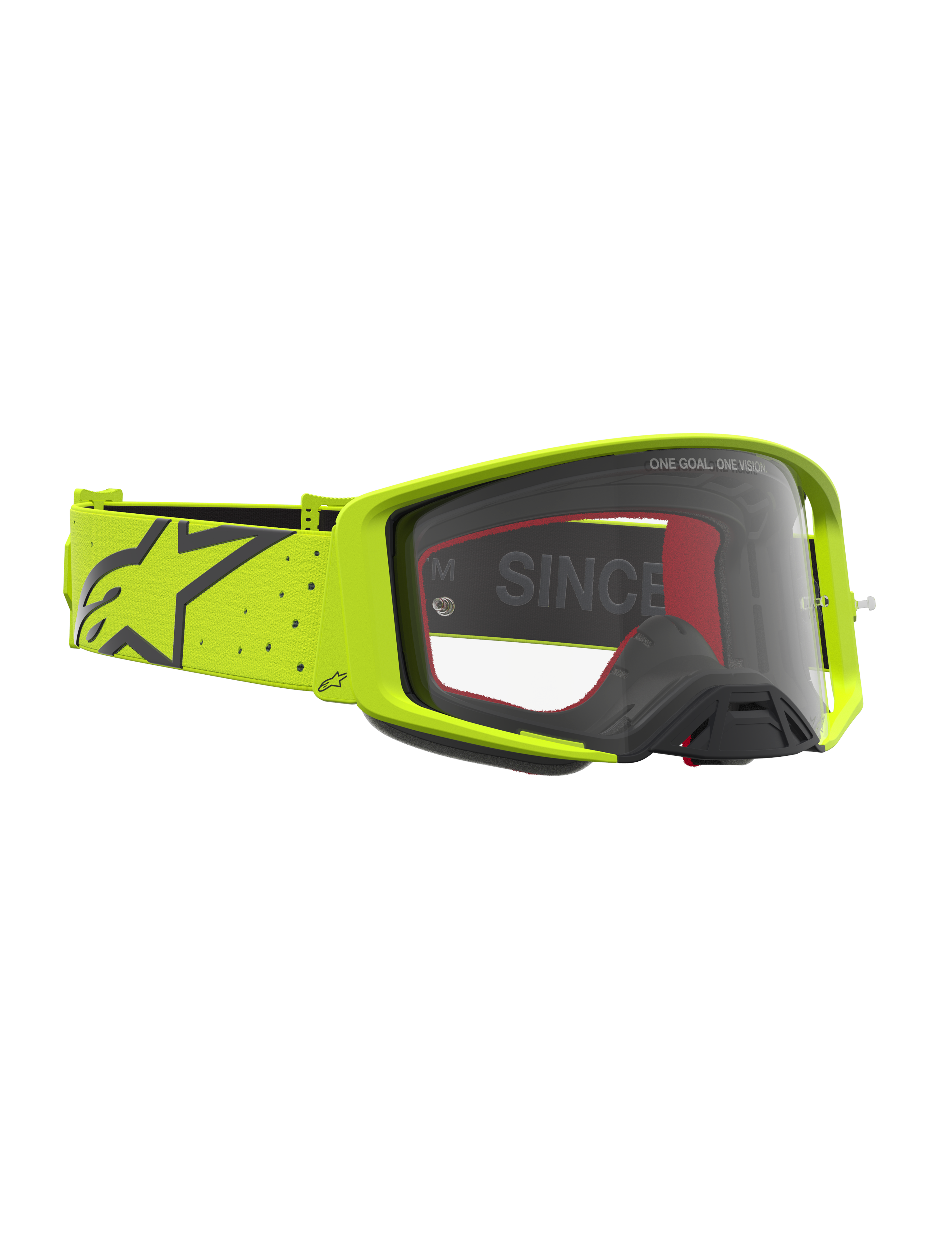 Alpinestars Supertech Vesta, masque de motocross jaune fluo et noir, lentille claire et sangle élastique, équipement off-road.