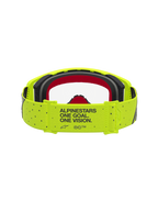 Masque Supertech Vesta d'Alpinestars pour motocross, jaune fluo et noir, bandeau One Goal One Vision et mousse rouge.