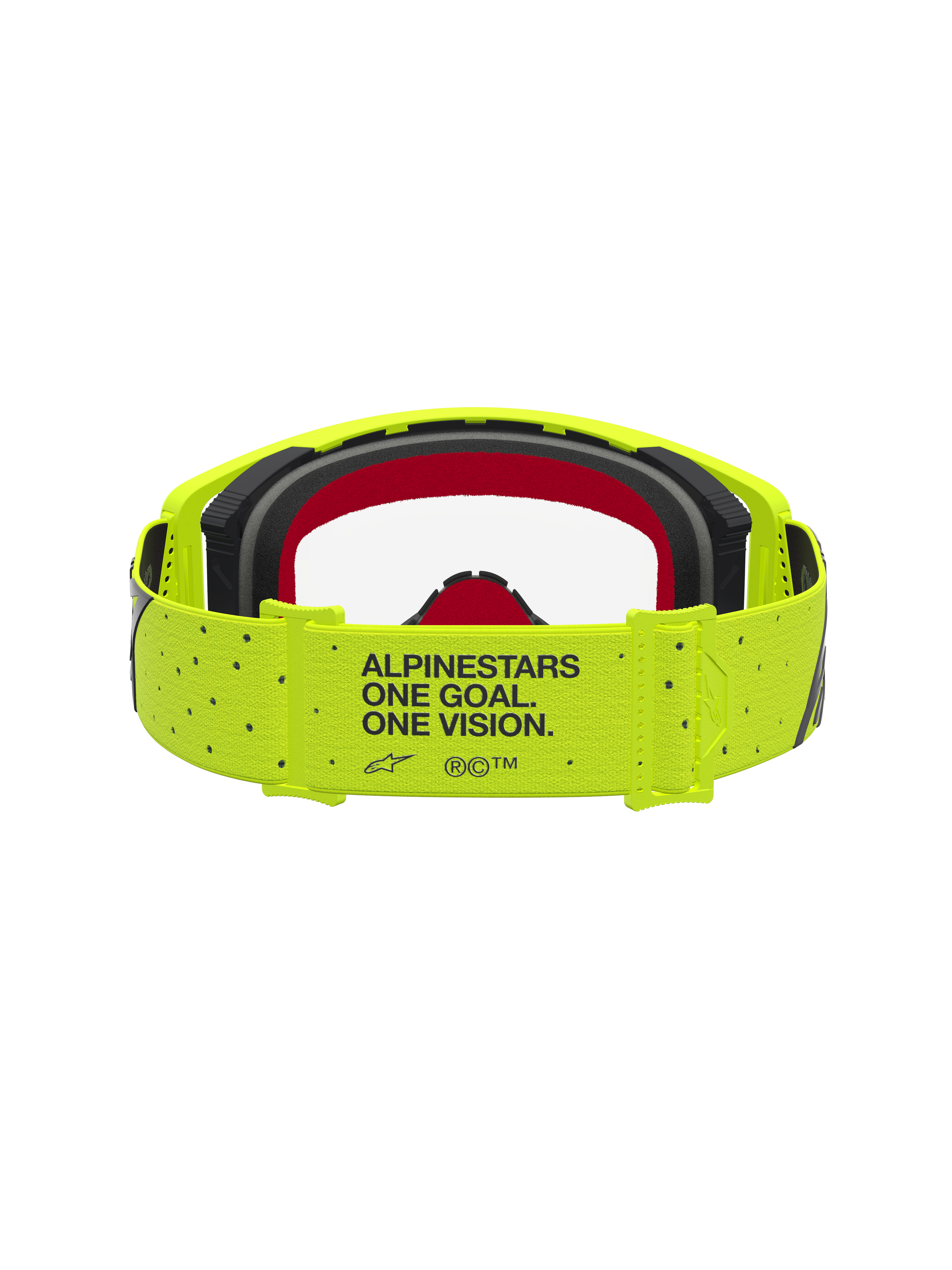 Masque Supertech Vesta d'Alpinestars pour motocross, jaune fluo et noir, bandeau One Goal One Vision et mousse rouge.