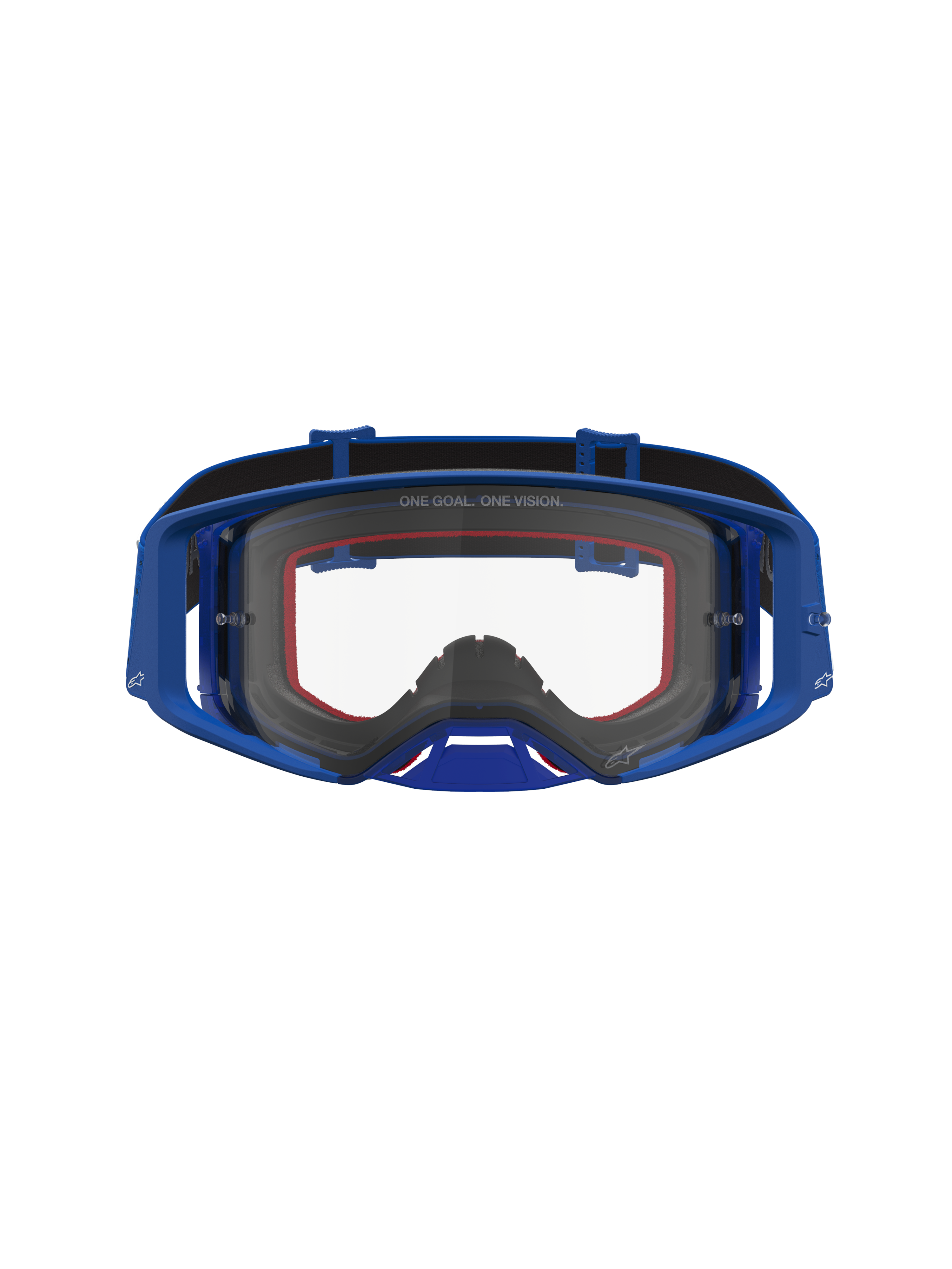 Alpinestars Supertech Vesta Motocross Goggles, blue and white frame, clear lens for high-performance off-road eye protection.