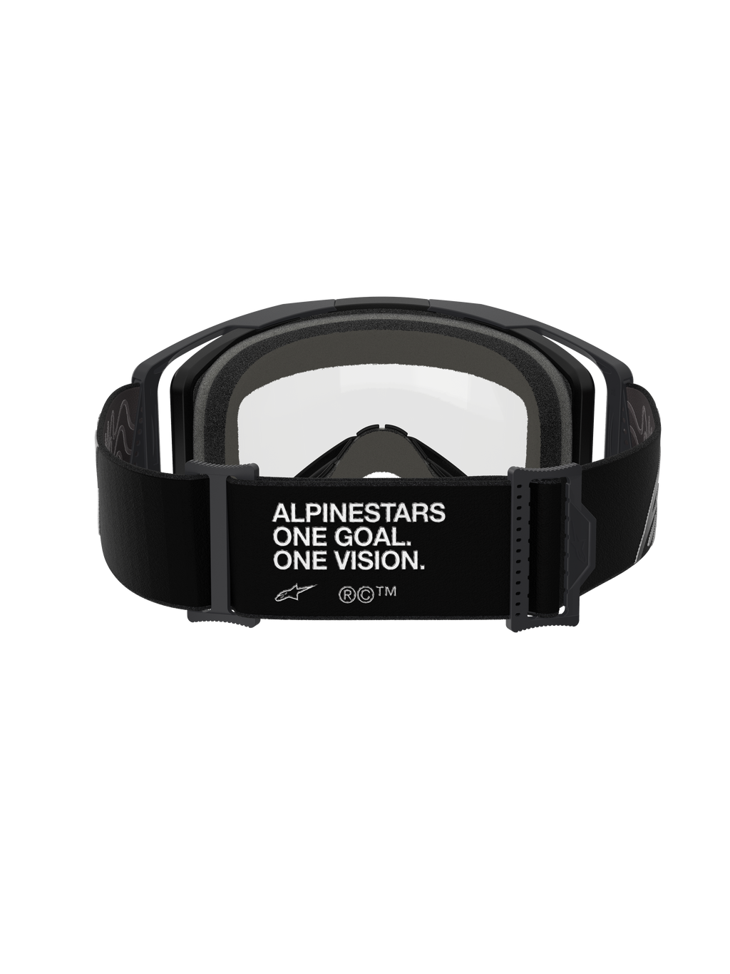 Lunettes Alpinestars Vision 8 Corp - Double Écran, Noir Transparent, vue arrière avec large sangle noire et marquage blanc « ALPINESTARS ONE GOAL. ONE VISION. », monture noire avec écran en polycarbonate transparent et mousse faciale multicouche grise épaisse, lunettes de motocross professionnelles