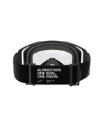 Lunettes Alpinestars Vision 8 Corp - Double Écran, Noir Transparent, vue arrière avec large sangle noire et marquage blanc « ALPINESTARS ONE GOAL. ONE VISION. », monture noire avec écran en polycarbonate transparent et mousse faciale multicouche grise épaisse, lunettes de motocross professionnelles