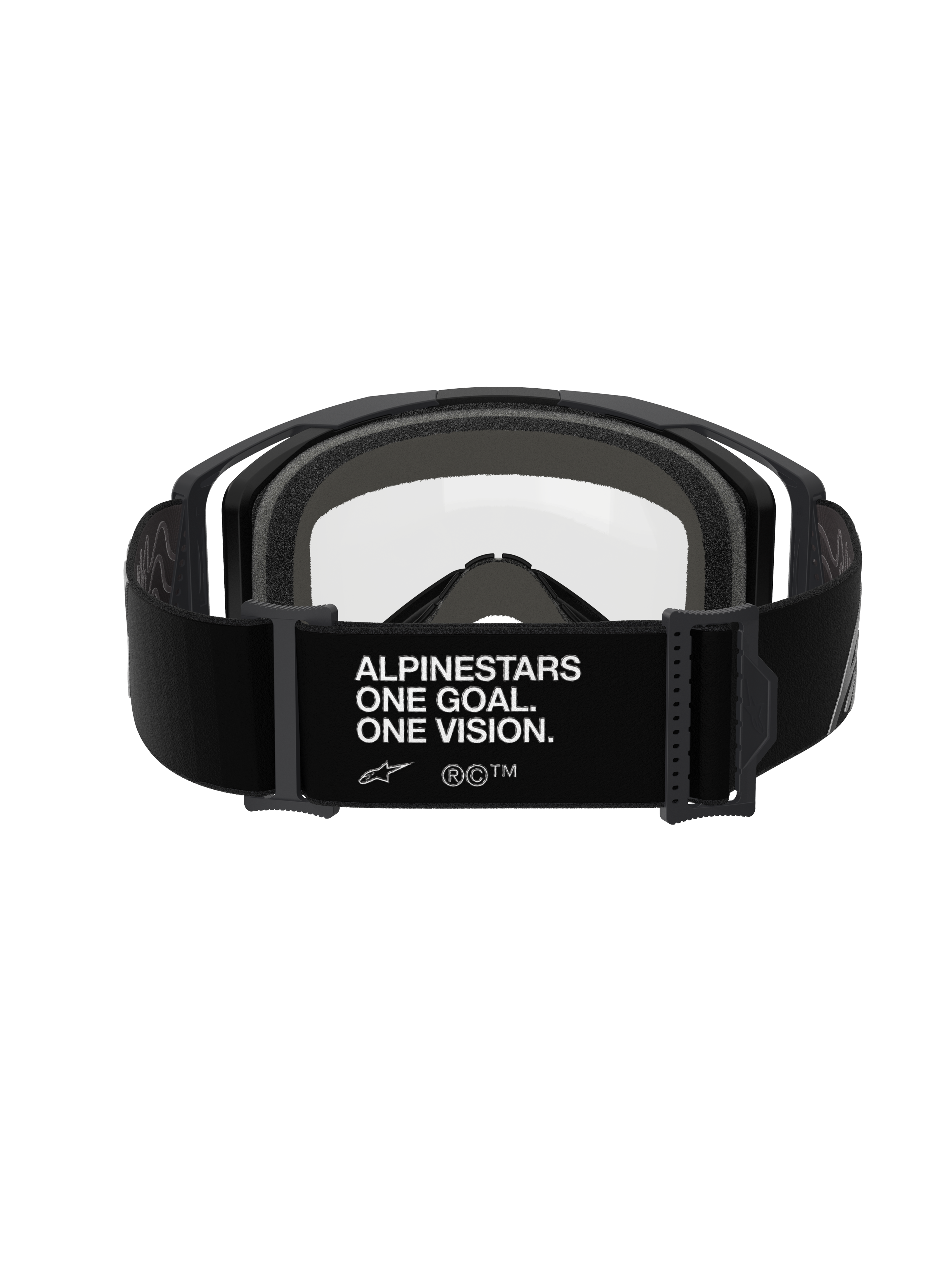 Lunettes Alpinestars Vision 8 Corp - Double Écran, Noir Transparent, vue arrière avec large sangle noire et marquage blanc « ALPINESTARS ONE GOAL. ONE VISION. », monture noire avec écran en polycarbonate transparent et mousse faciale multicouche grise épaisse, lunettes de motocross professionnelles