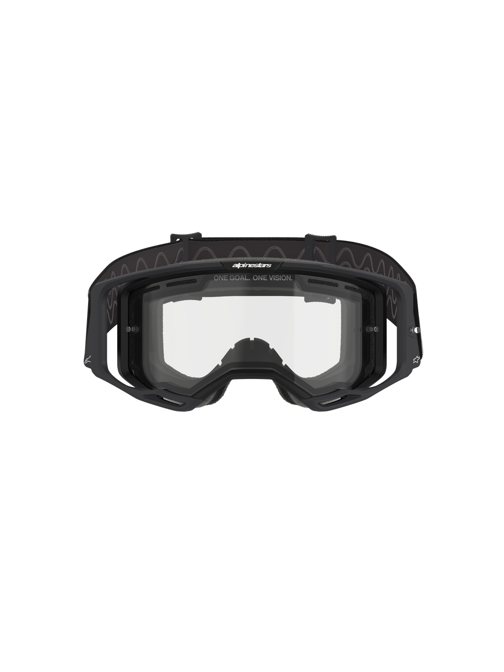 Alpinestars Vision 8 Corp Goggles - Dual Pane, lunettes de motocross, monture noire avec écran double transparent, vue de face montrant les stabilisateurs et le marquage « ONE GOAL. ONE VISION. », protection oculaire technique pour la course tout-terrain