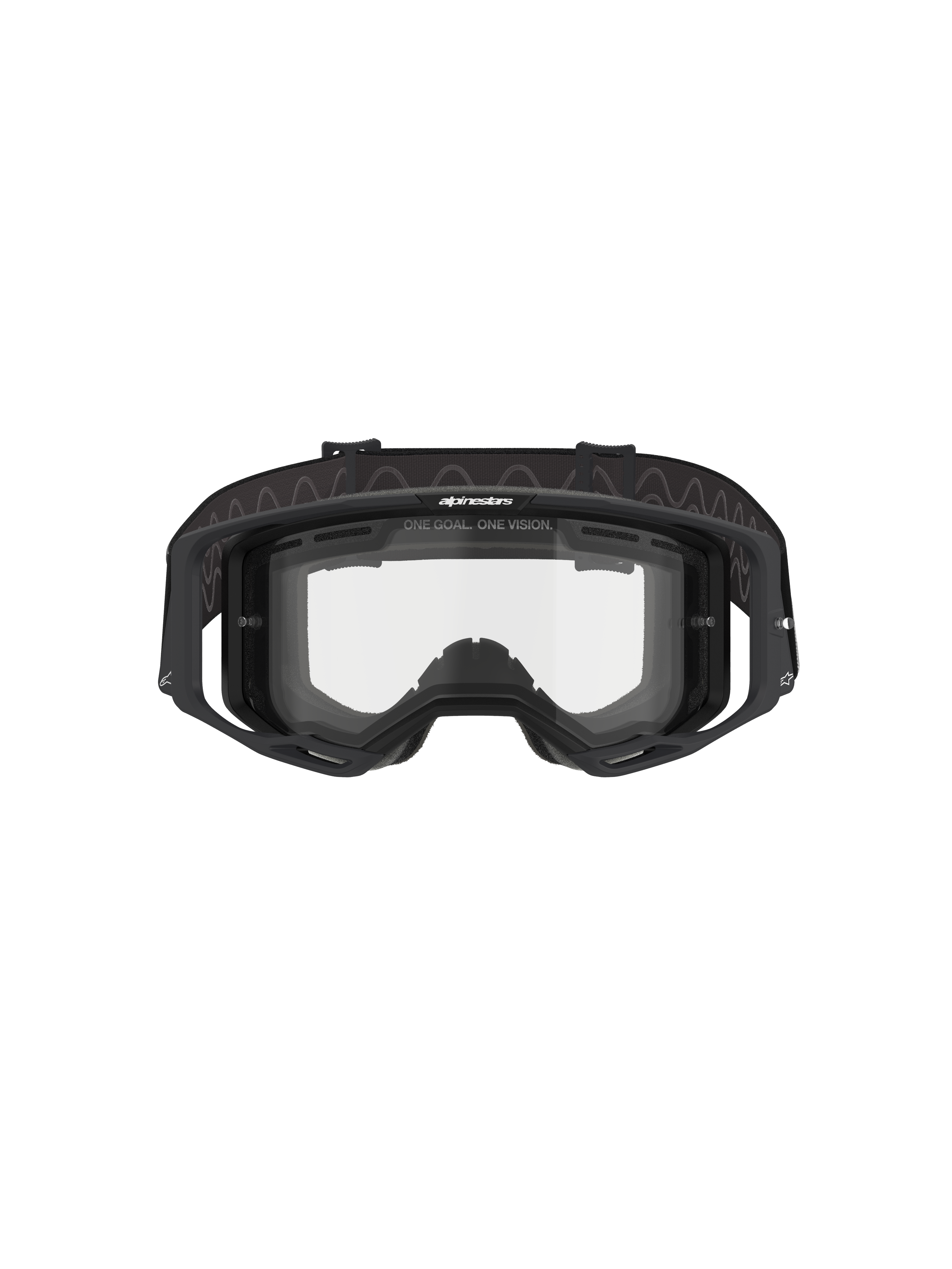 Alpinestars Vision 8 Corp Goggles - Dual Pane, lunettes de motocross, monture noire avec écran double transparent, vue de face montrant les stabilisateurs et le marquage « ONE GOAL. ONE VISION. », protection oculaire technique pour la course tout-terrain