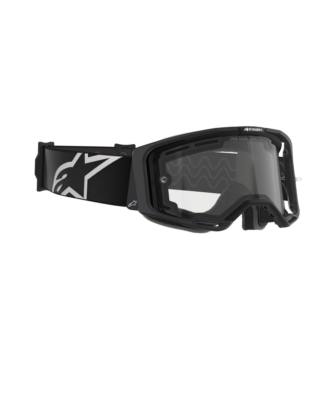 Masque Alpinestars Vision 8 Corp, double écran, masque de motocross, monture noire avec écran clair, large bandeau noir arborant un grand logo Alpinestars blanc, protection oculaire technique pour la course tout-terrain