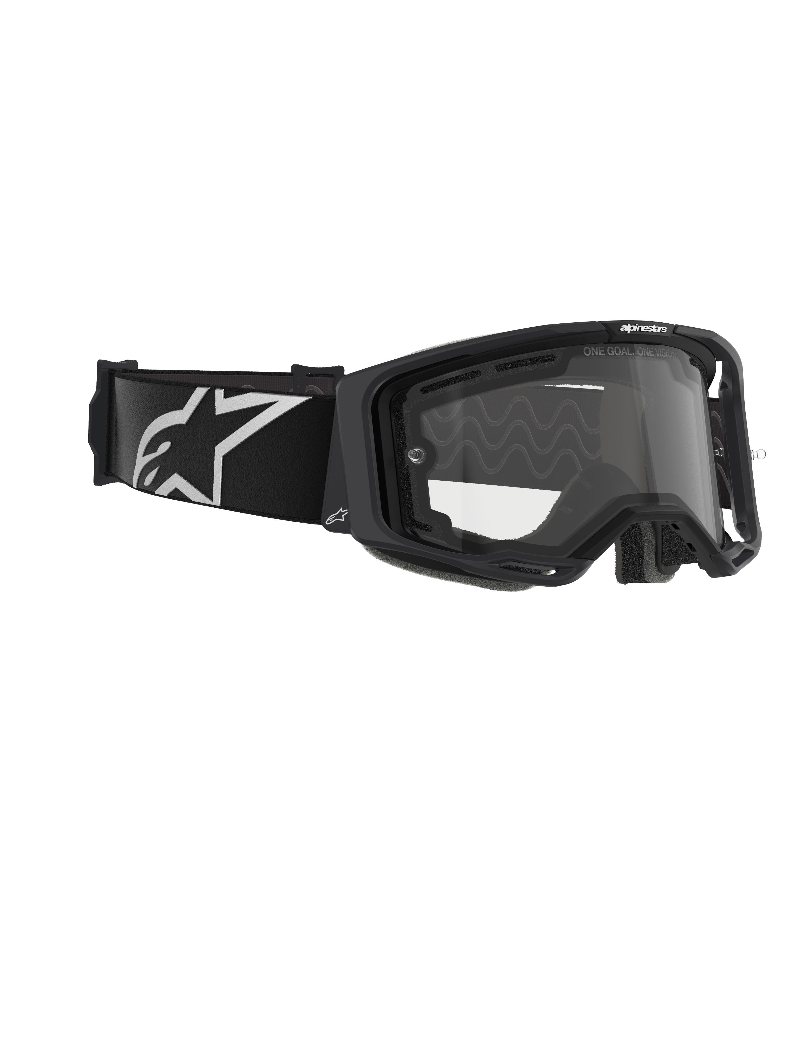 Masque Alpinestars Vision 8 Corp, double écran, masque de motocross, monture noire avec écran clair, large bandeau noir arborant un grand logo Alpinestars blanc, protection oculaire technique pour la course tout-terrain