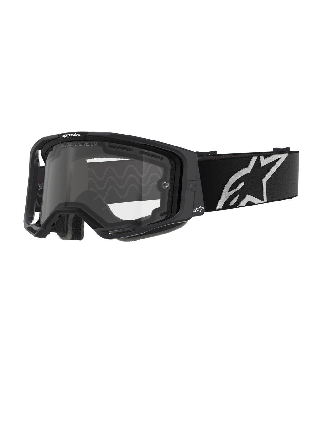 Alpinestars Vision 8 Corp Goggles - Dual Pane, masque de motocross, monture noire avec un écran clair à double paroi, large bandeau noir arborant un logo étoile Alpinestars blanc distinctif, design performant avec ports de ventilation pour la course tout-terrain.
