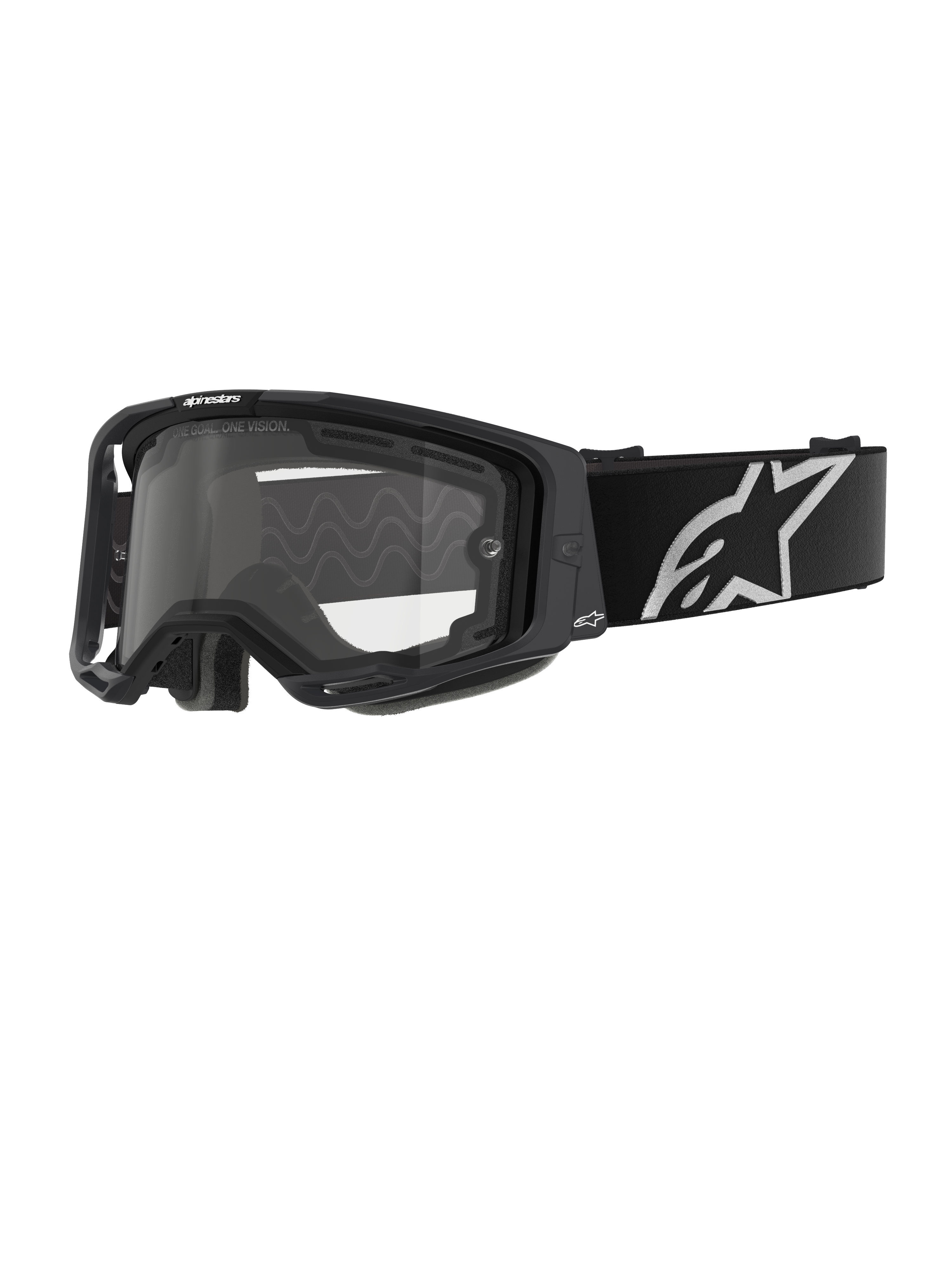 Alpinestars Vision 8 Corp Goggles - Dual Pane, masque de motocross, monture noire avec un écran clair à double paroi, large bandeau noir arborant un logo étoile Alpinestars blanc distinctif, design performant avec ports de ventilation pour la course tout-terrain.